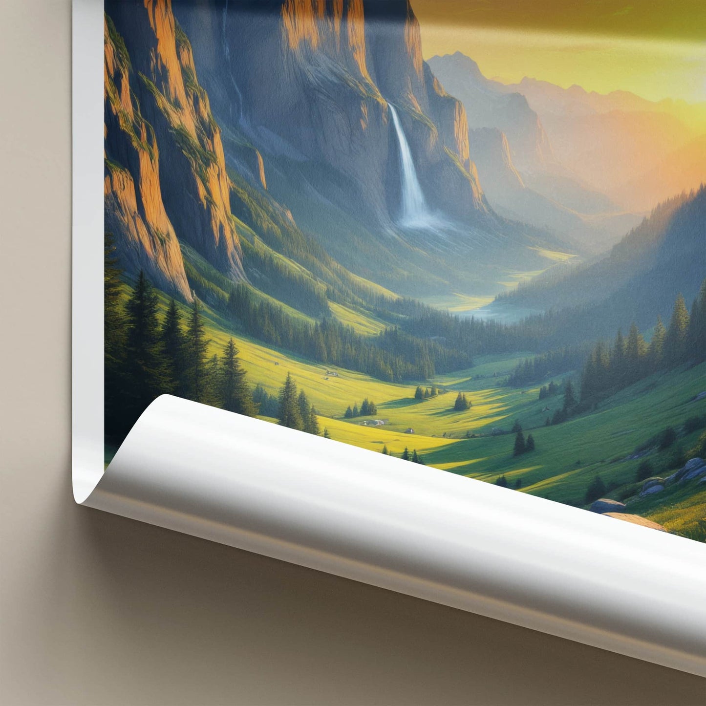 Stechelberg Poster - Switzerland Travel Print - Sunset Valley Waterfall Home Decor