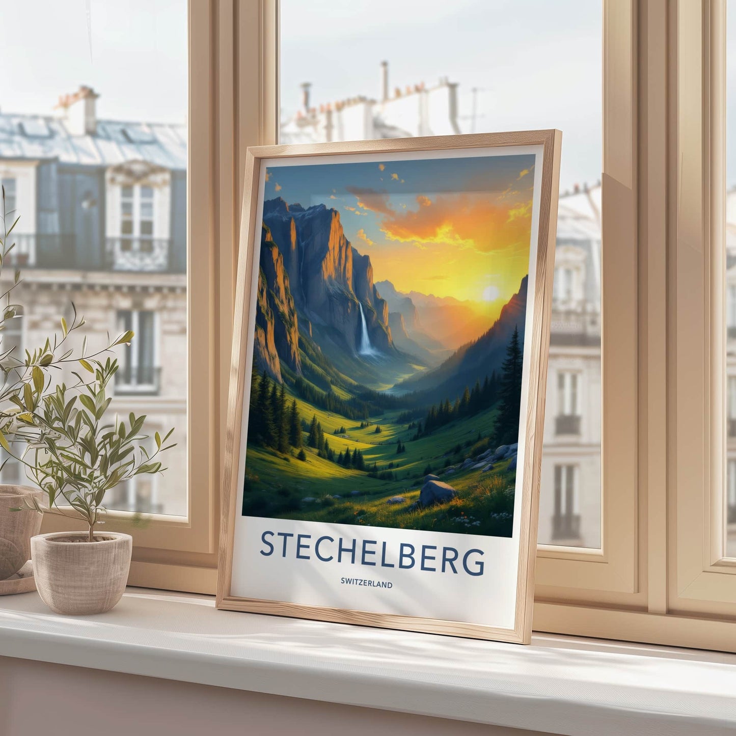 Stechelberg Poster - Switzerland Travel Print - Sunset Valley Waterfall Home Decor