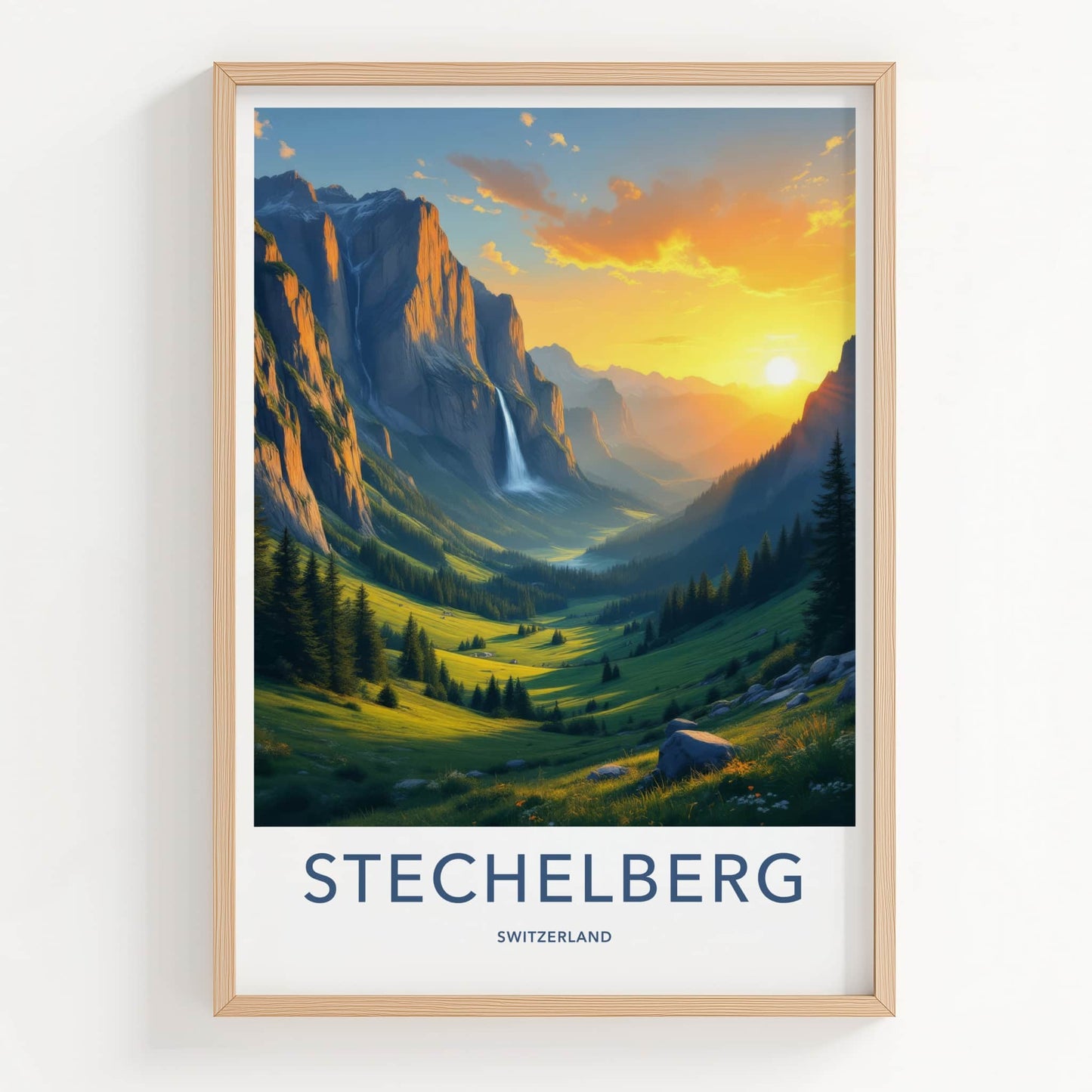 Stechelberg Poster - Switzerland Travel Print - Sunset Valley Waterfall Home Decor