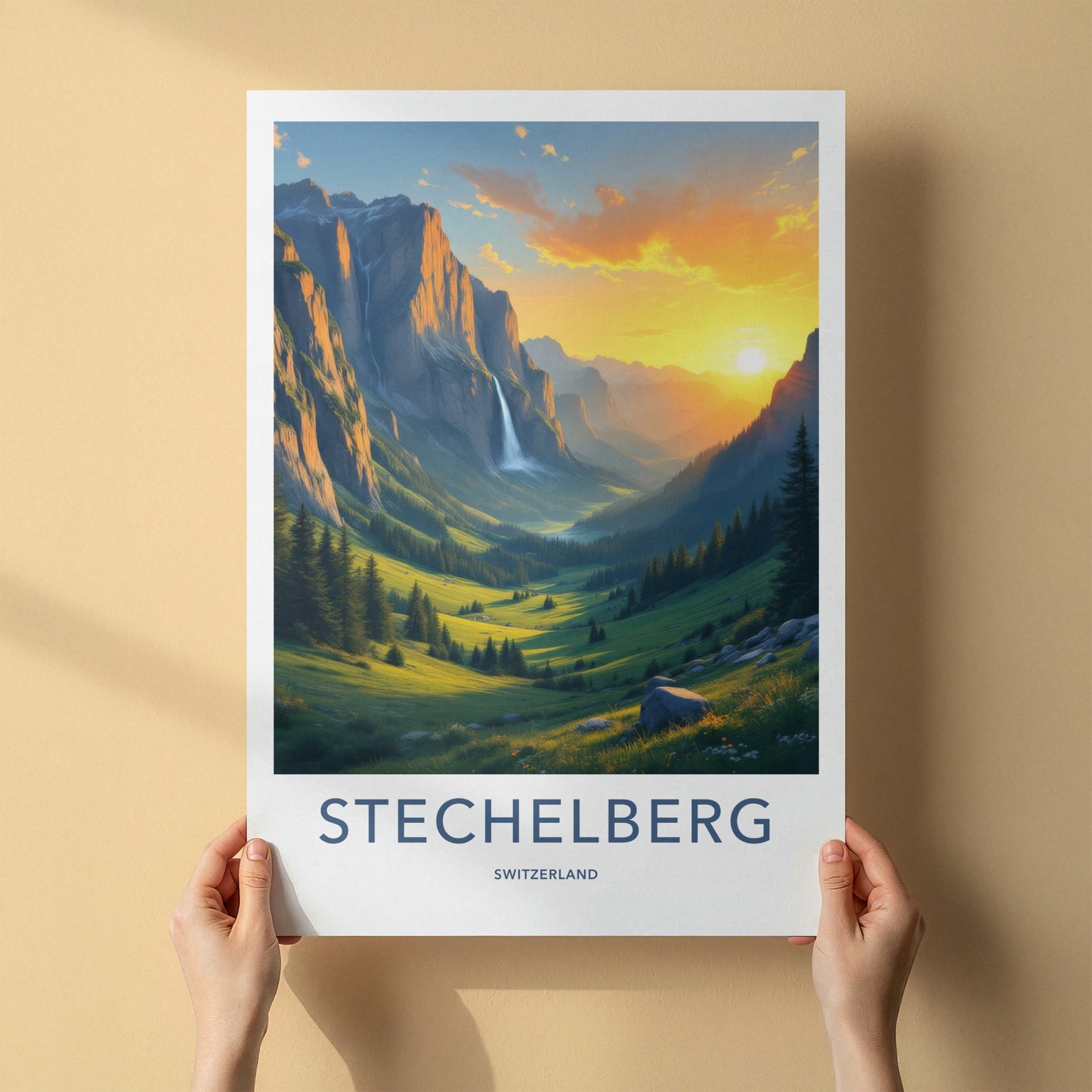 Stechelberg Poster - Switzerland Travel Print - Sunset Valley Waterfall Home Decor