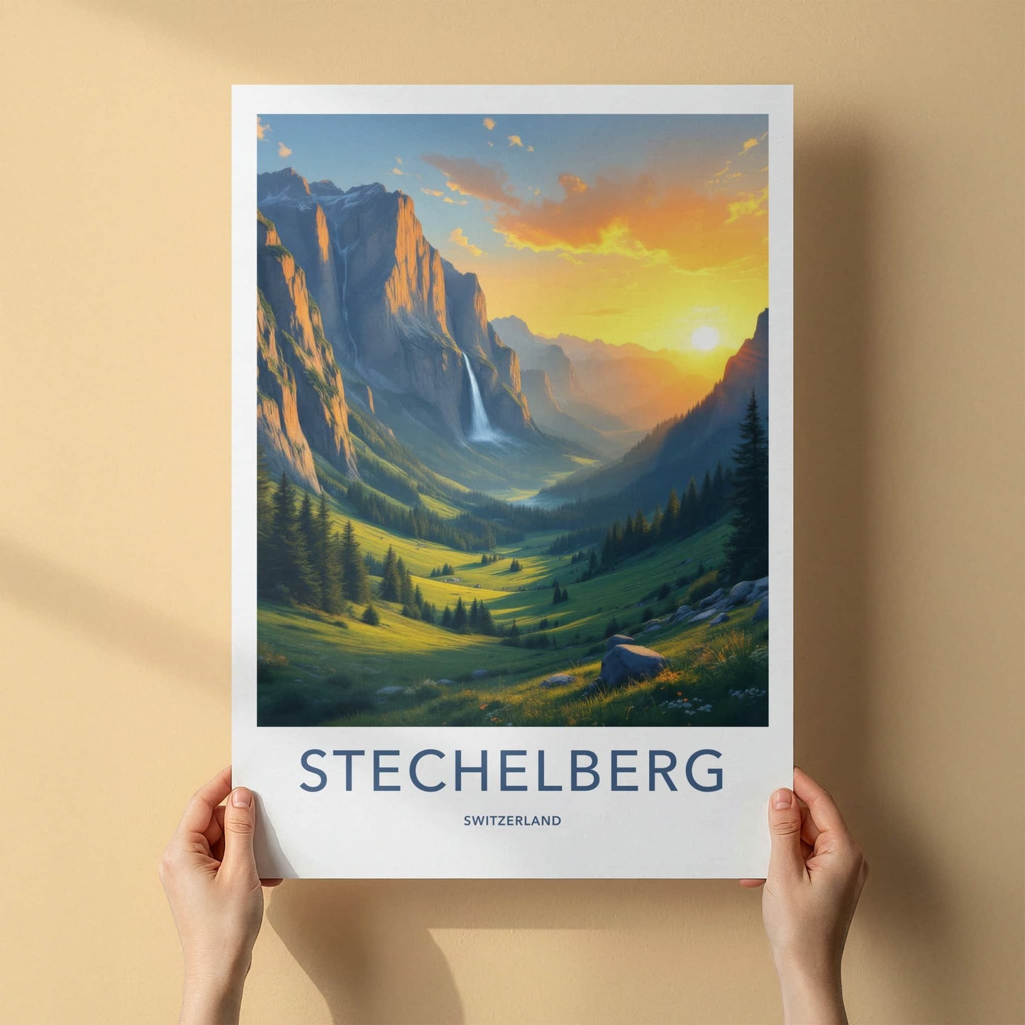 Stechelberg Poster - Switzerland Travel Print - Sunset Valley Waterfall Home Decor
