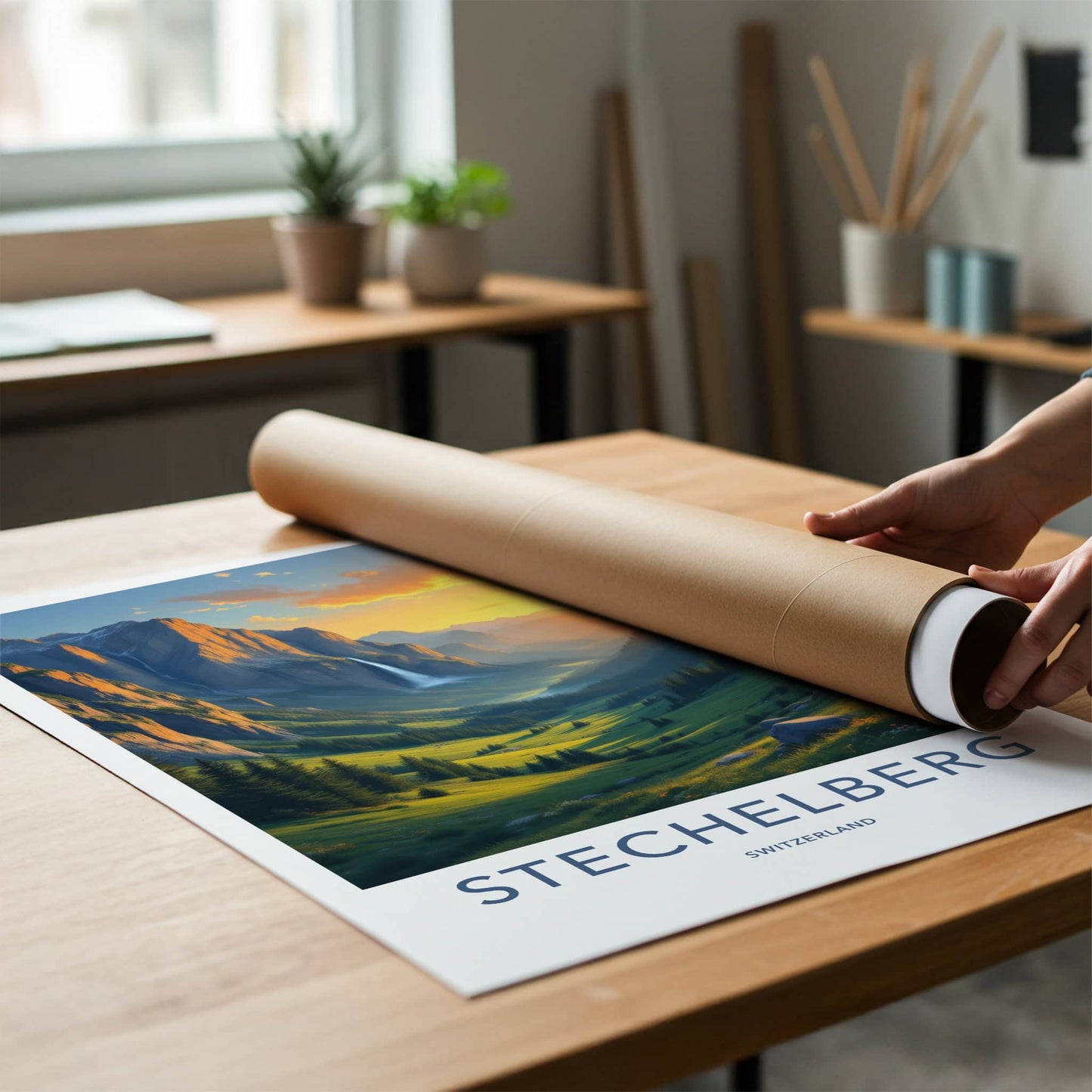 Stechelberg Poster - Switzerland Travel Print - Sunset Valley Waterfall Home Decor
