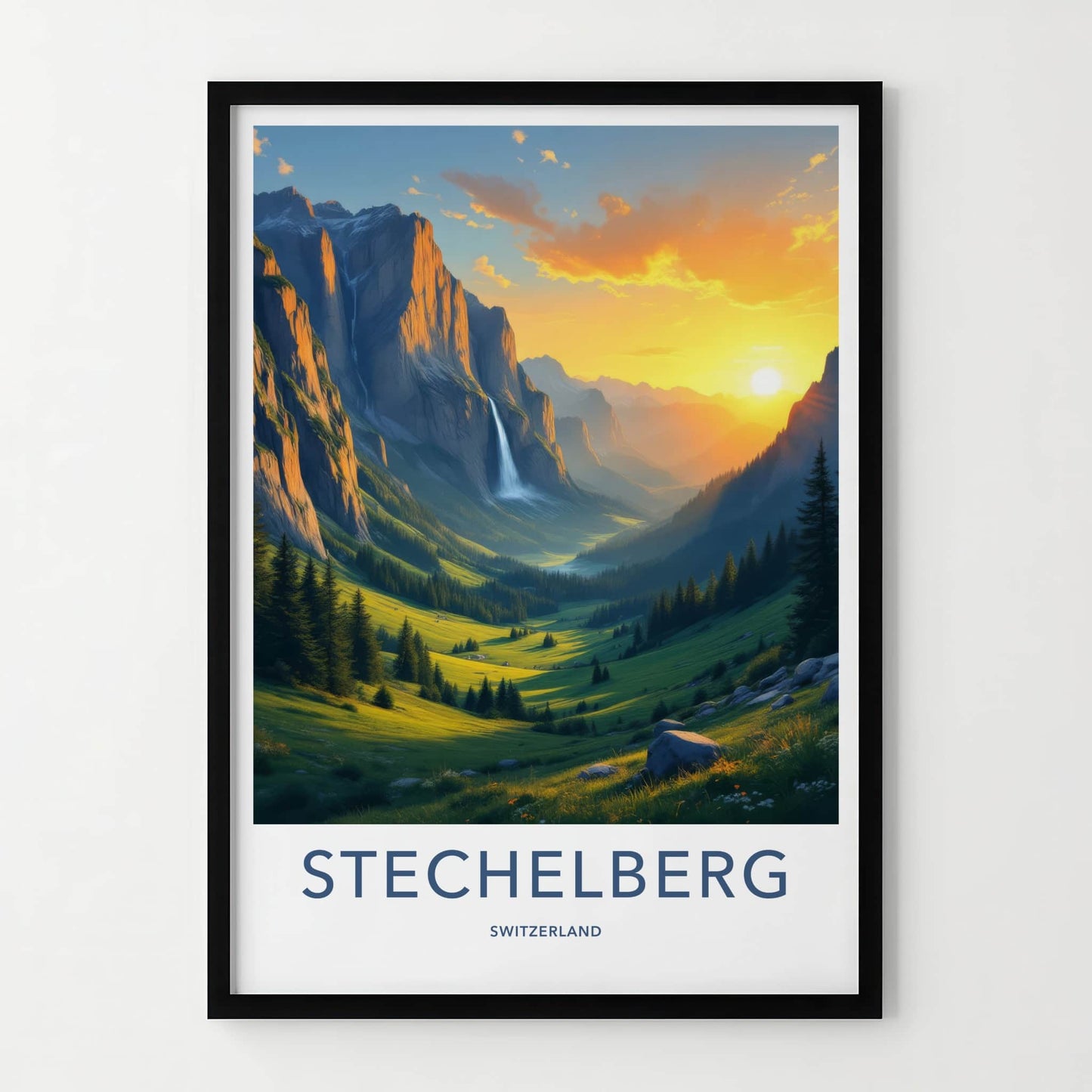 Stechelberg Poster - Switzerland Travel Print - Sunset Valley Waterfall Home Decor