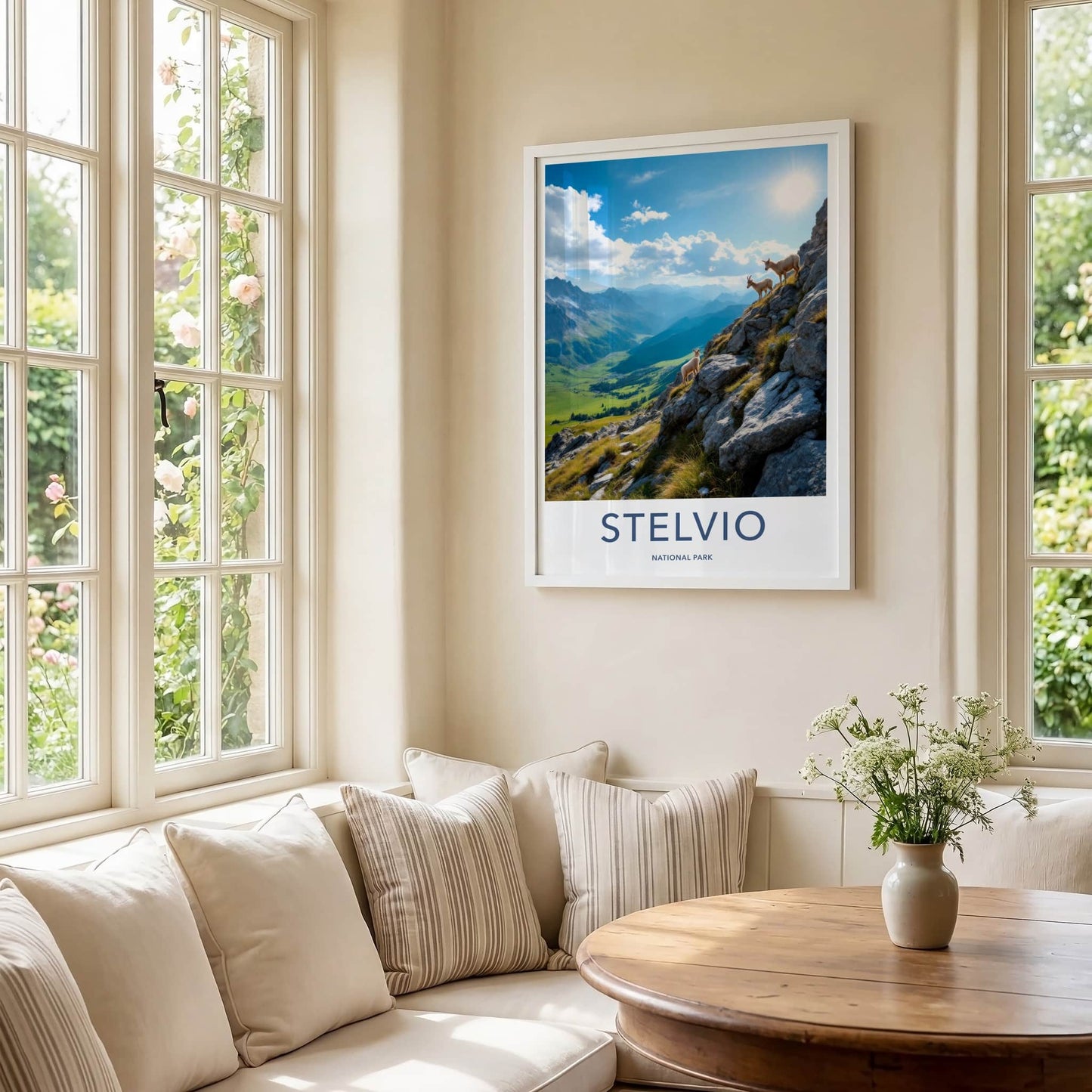 Stelvio National Park Poster - Italy Travel Art - Sunlit Mountain Ibex Wall Decor