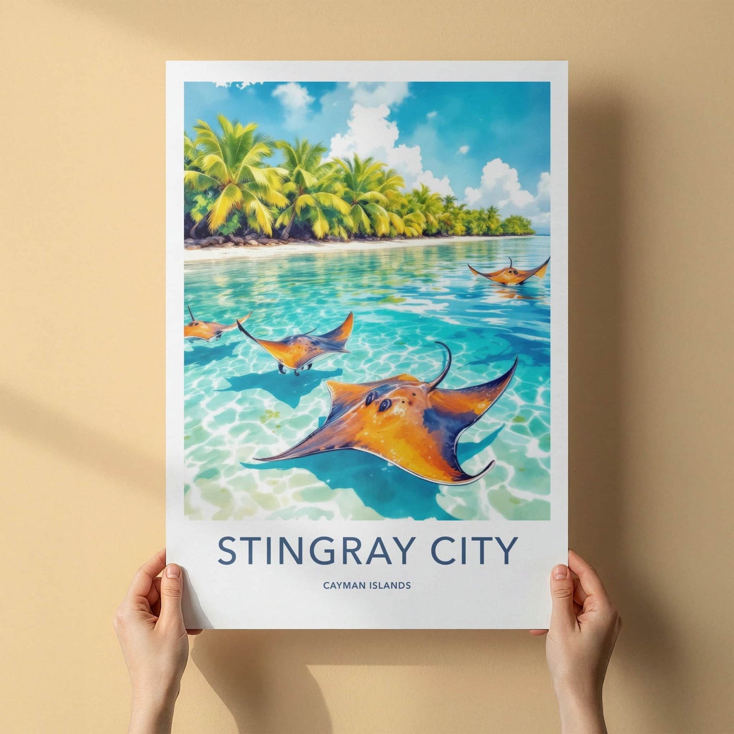 Stingray City Poster - Cayman Islands Travel Print - Tropical Ocean Rays Home Decor