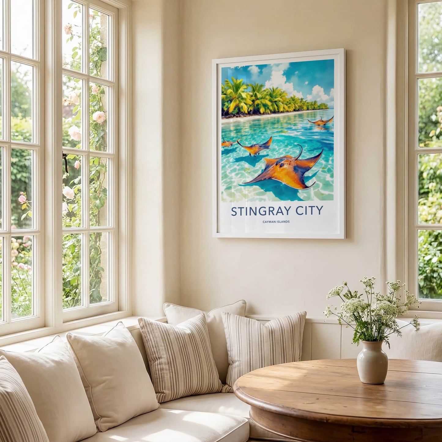 Stingray City Poster - Cayman Islands Travel Print - Tropical Ocean Rays Home Decor