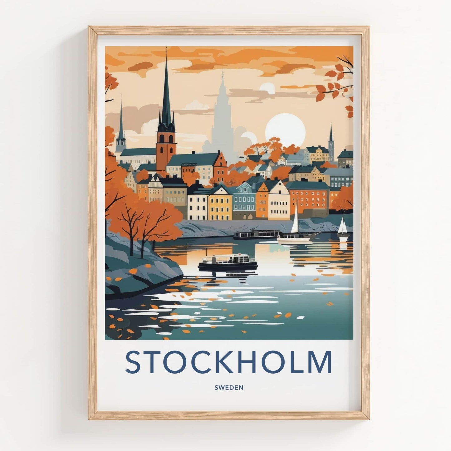 Stockholm Poster - Sweden Travel Art - Autumn Cityscape Water Home Decor
