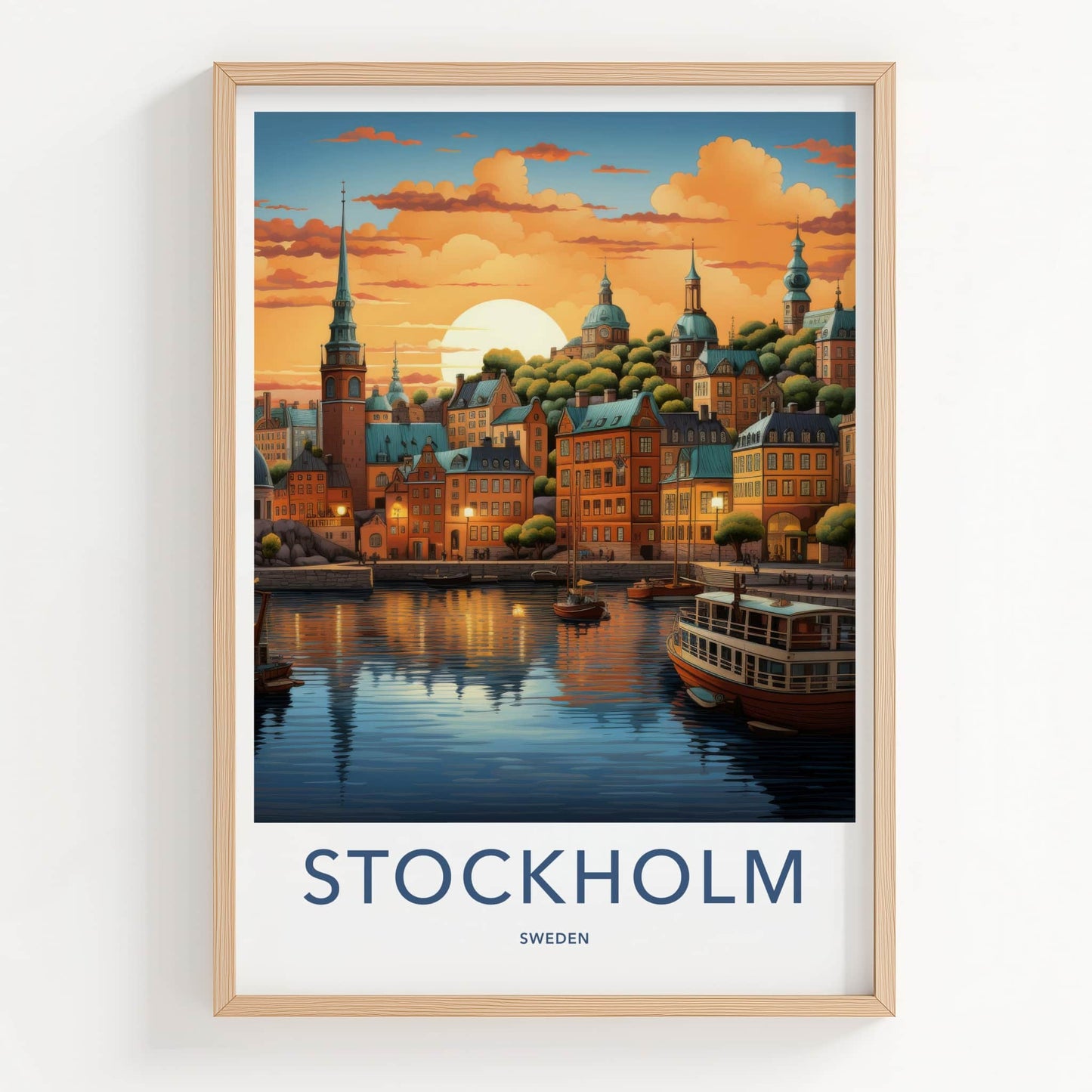 Stockholm Poster - Sweden Travel Art - Swedish Sunset Harbor Home Decor