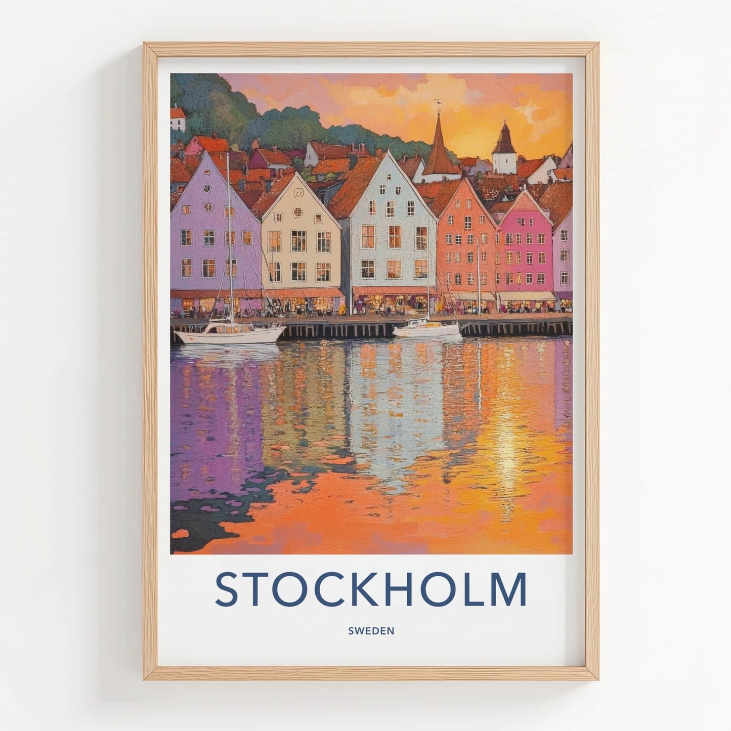 Stockholm Poster - Sweden Travel Art - Vibrant Harbor Reflections Wall Decor