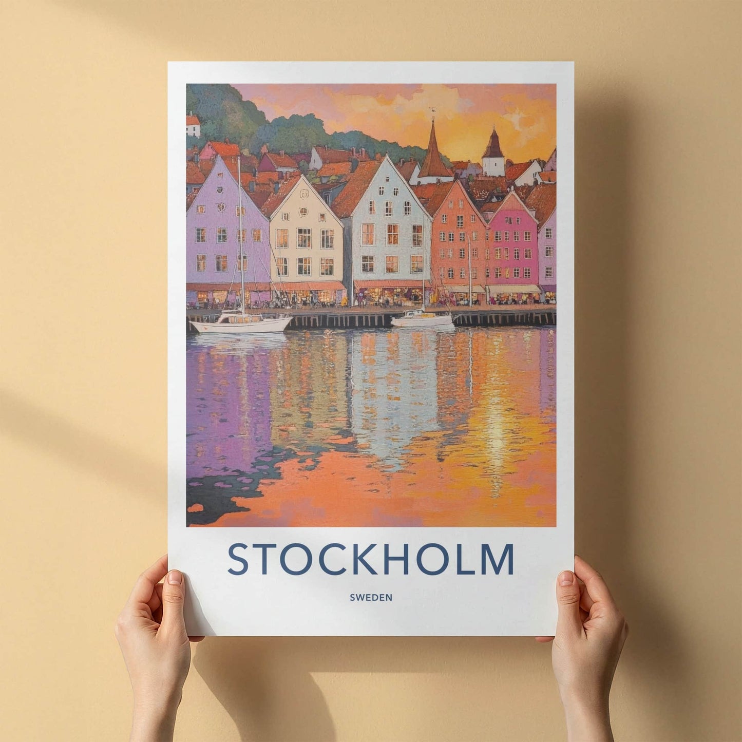 Stockholm Poster - Sweden Travel Art - Vibrant Harbor Reflections Wall Decor