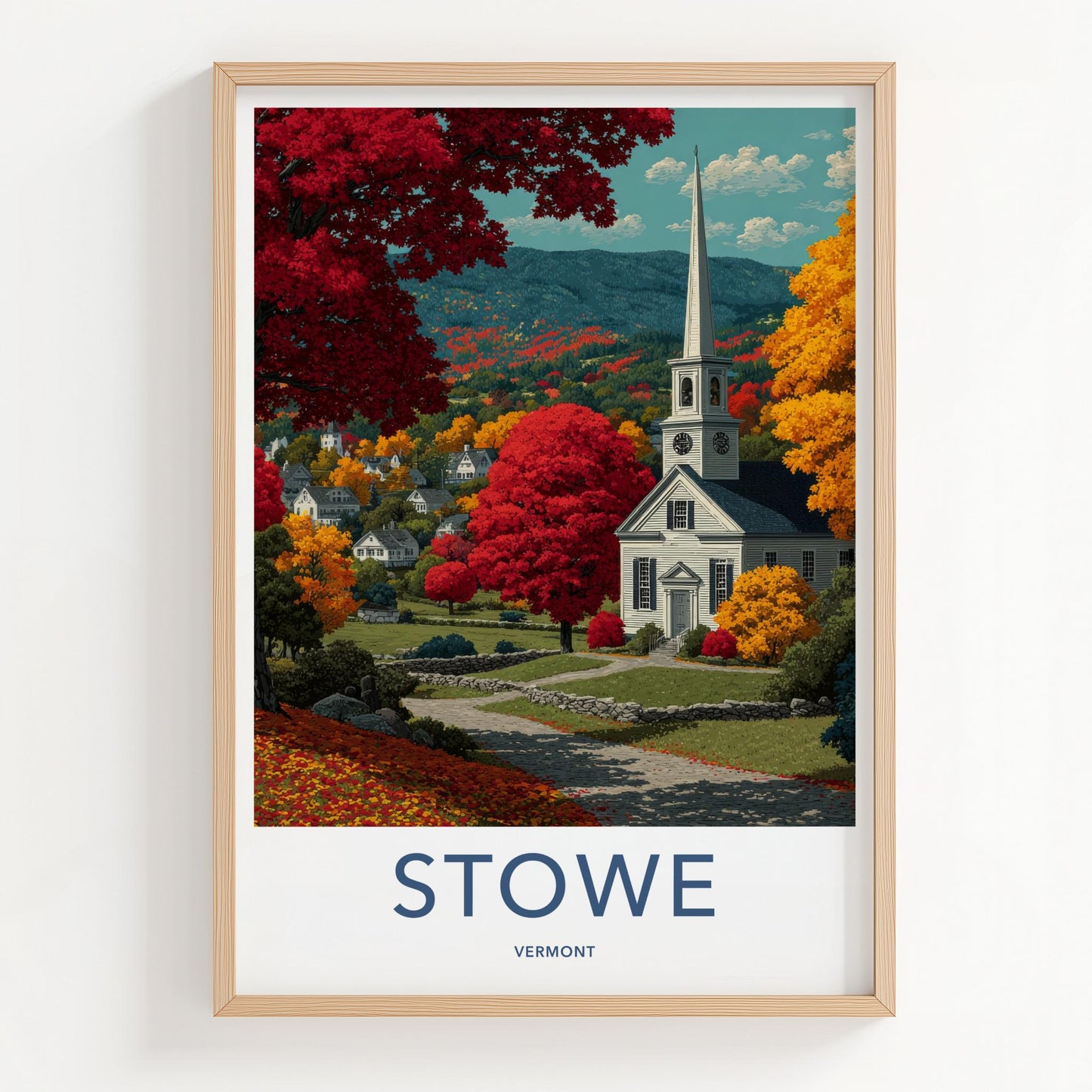 Stowe Poster - Vermont Framed Print - Autumn Church Path Lounge Decor