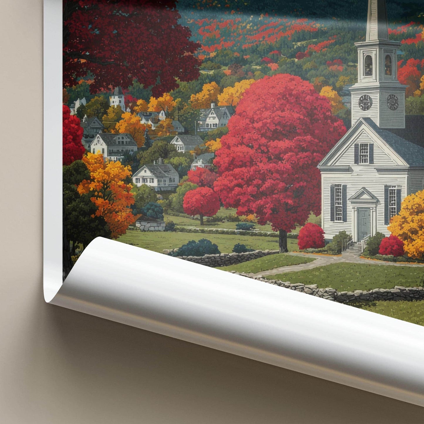 Stowe Poster - Vermont Framed Print - Autumn Church Path Lounge Decor