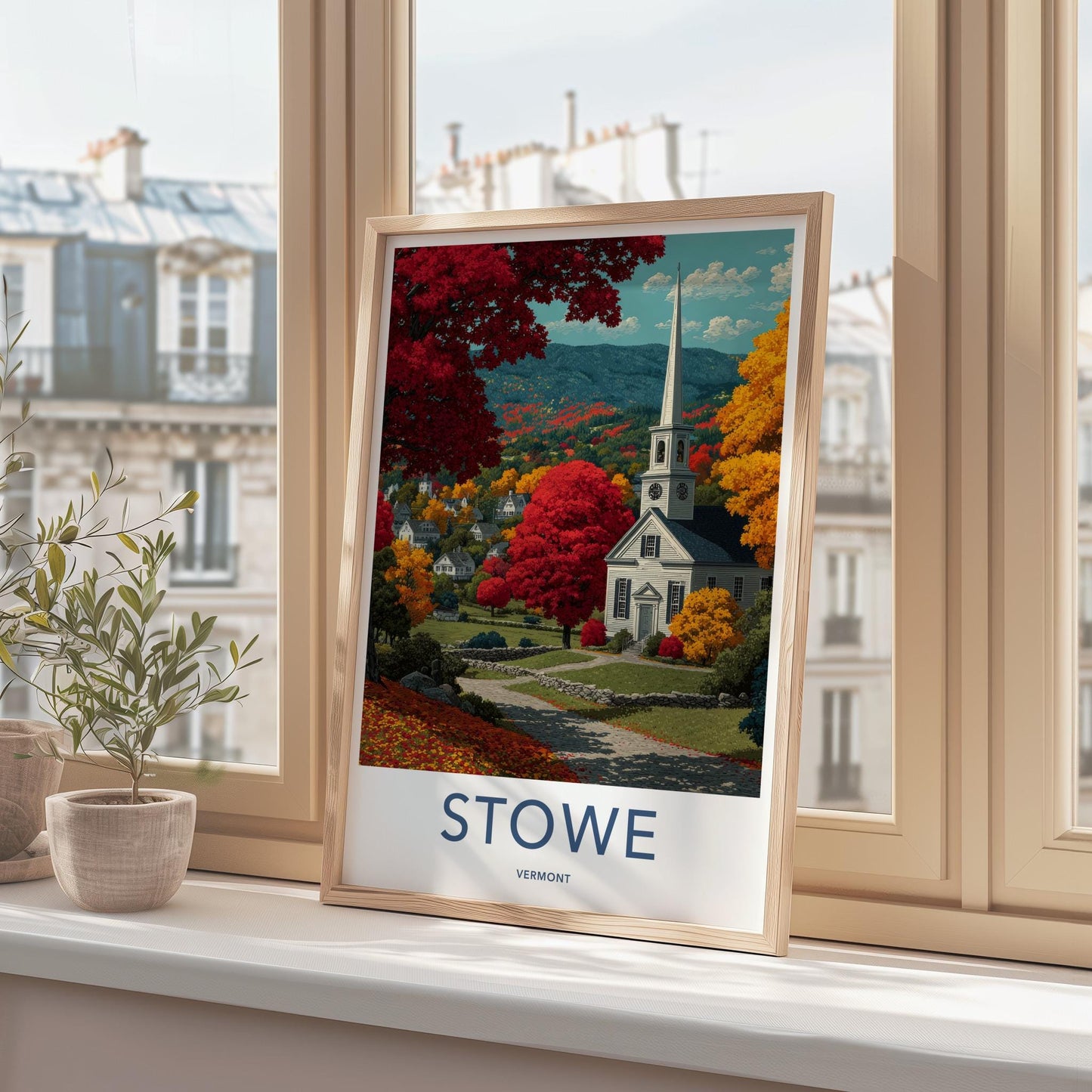 Stowe Poster - Vermont Framed Print - Autumn Church Path Lounge Decor
