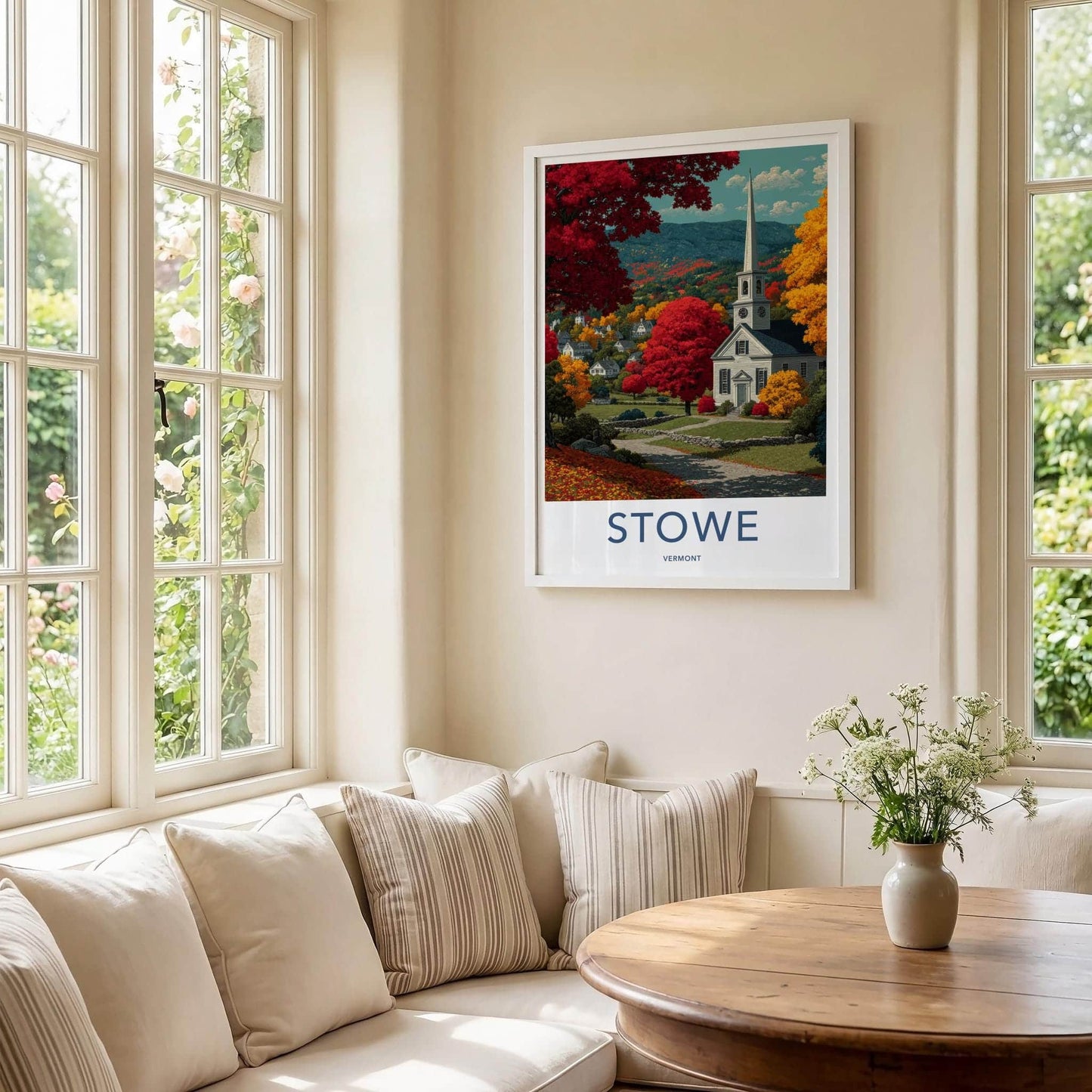 Stowe Poster - Vermont Framed Print - Autumn Church Path Lounge Decor