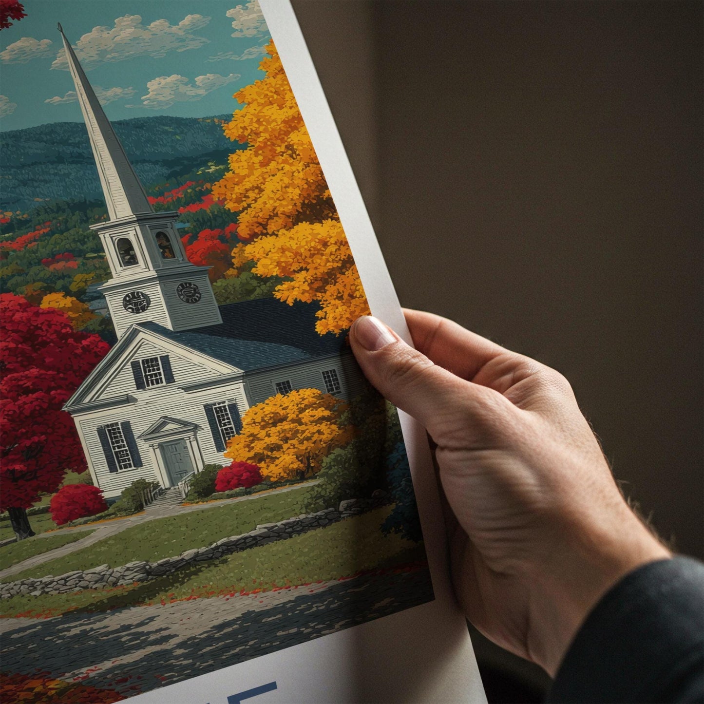 Stowe Poster - Vermont Framed Print - Autumn Church Path Lounge Decor