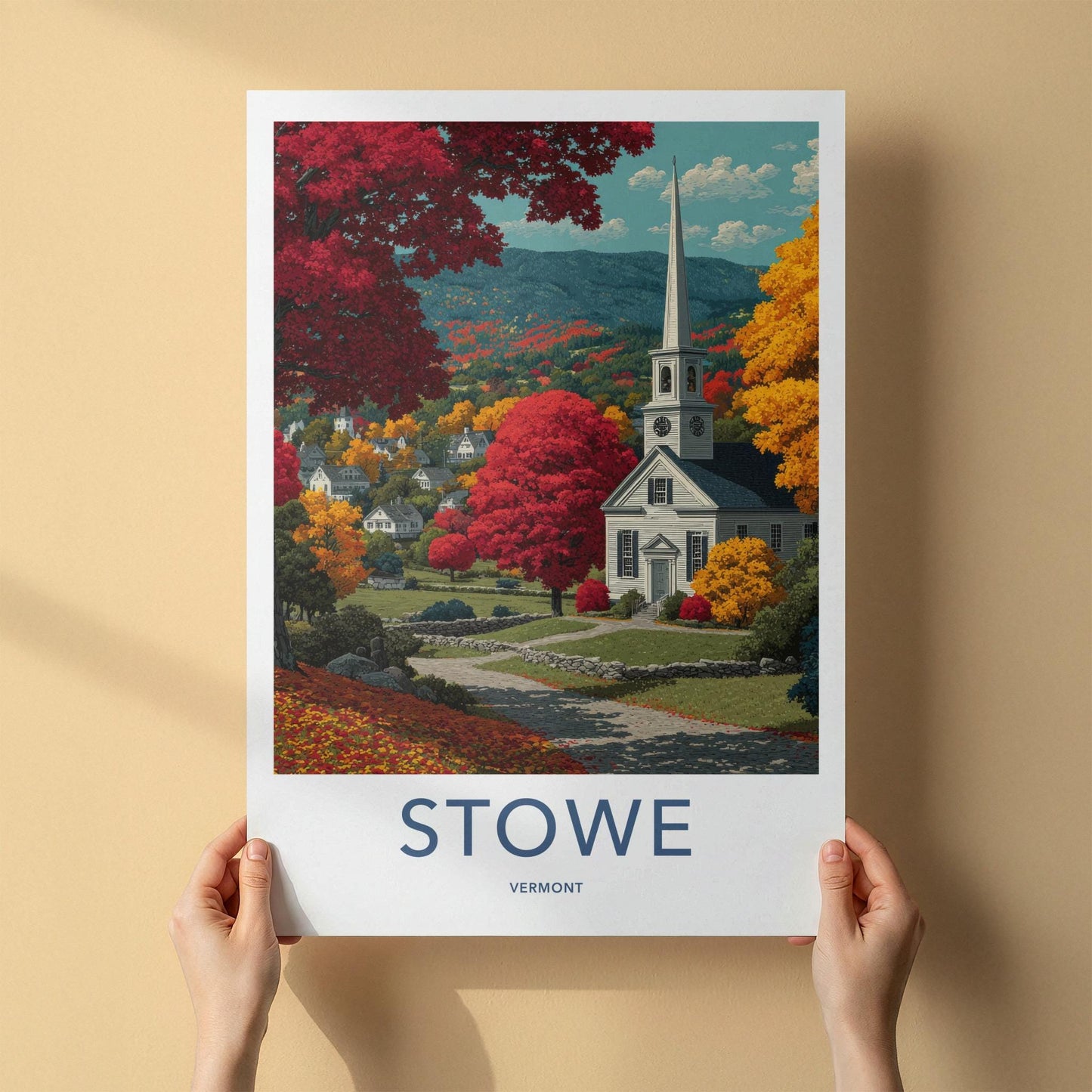 Stowe Poster - Vermont Framed Print - Autumn Church Path Lounge Decor