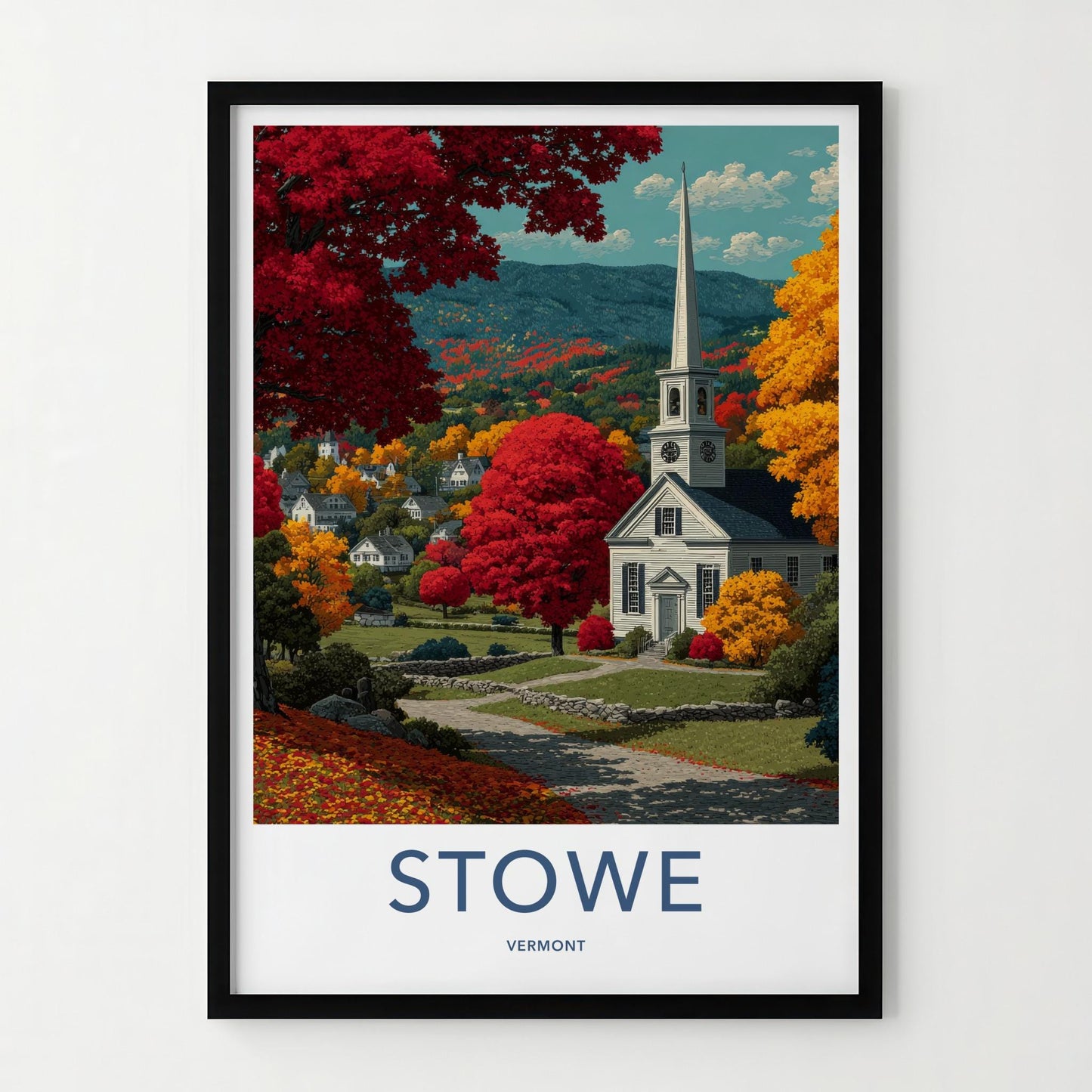Stowe Poster - Vermont Framed Print - Autumn Church Path Lounge Decor