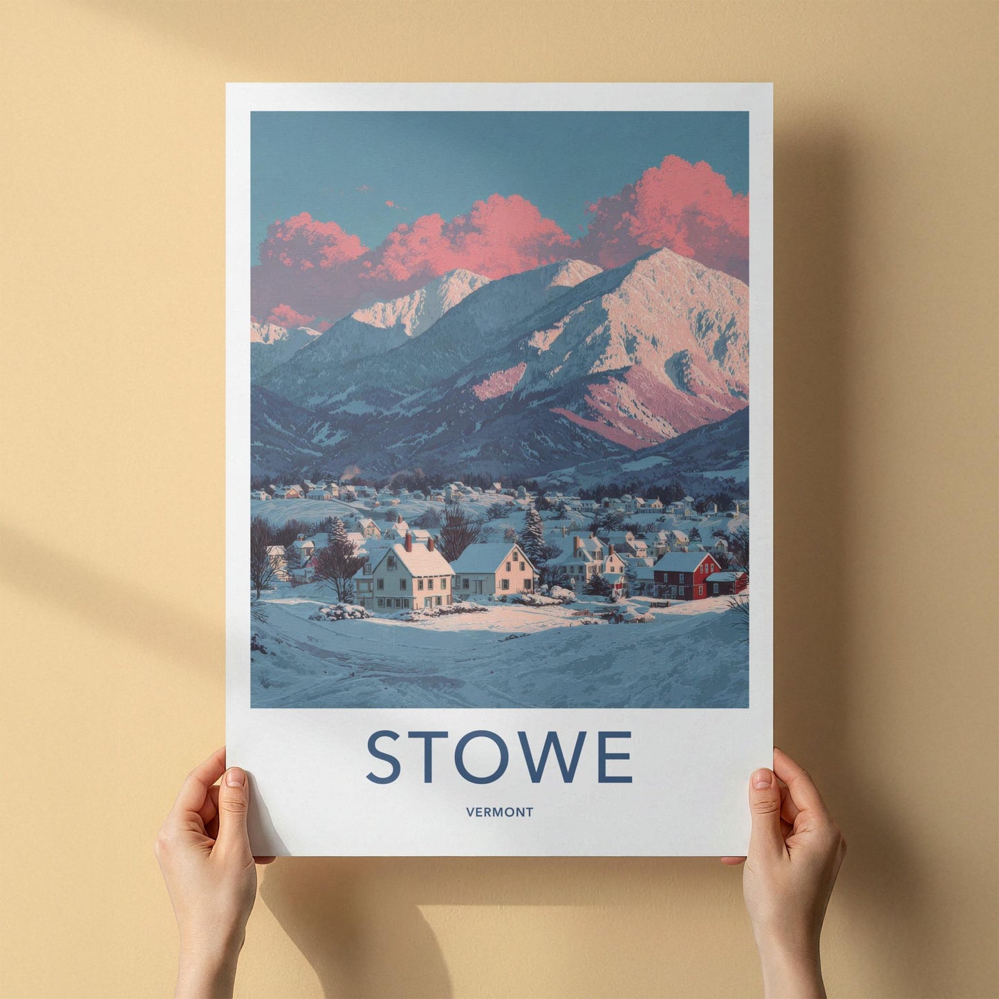 Stowe Poster - Vermont Travel Art - Pink Clouded Mountains Home Decor