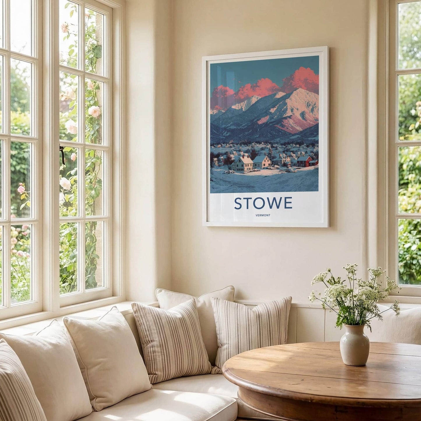 Stowe Poster - Vermont Travel Art - Pink Clouded Mountains Home Decor