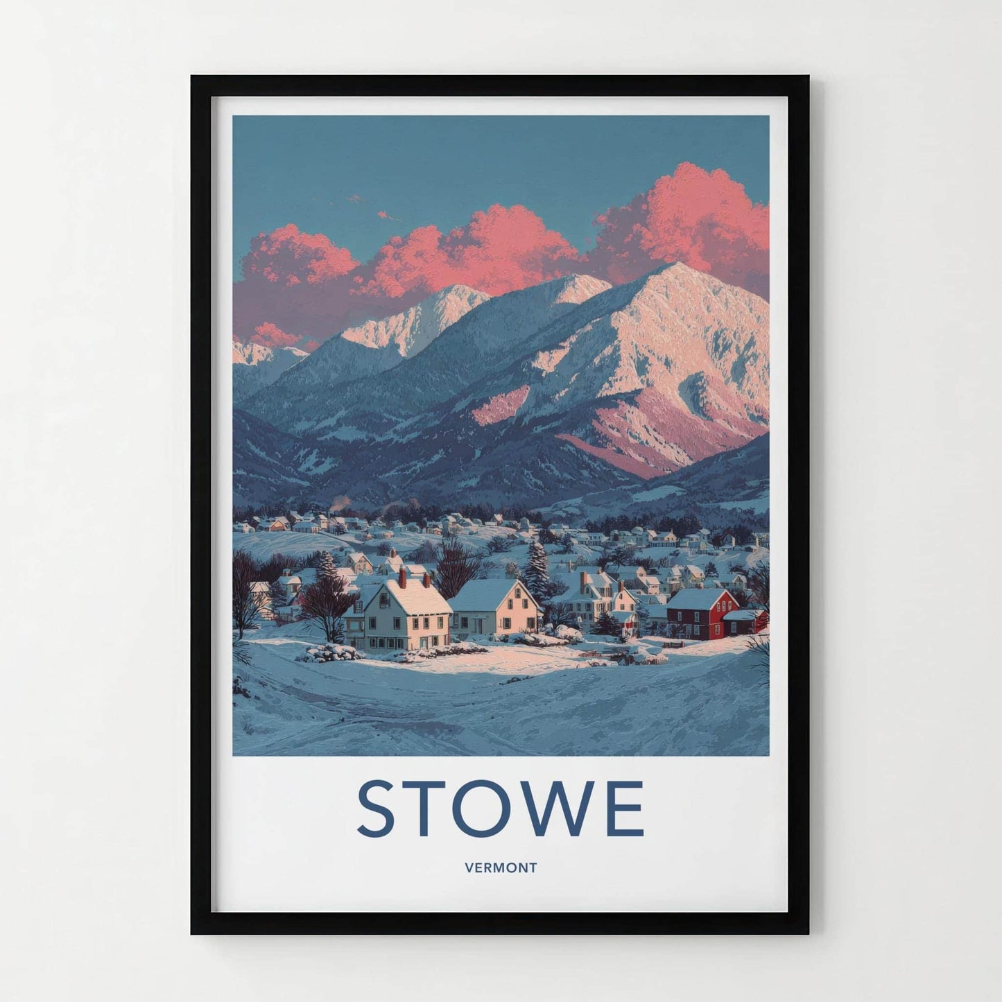 Stowe Poster - Vermont Travel Art - Pink Clouded Mountains Home Decor