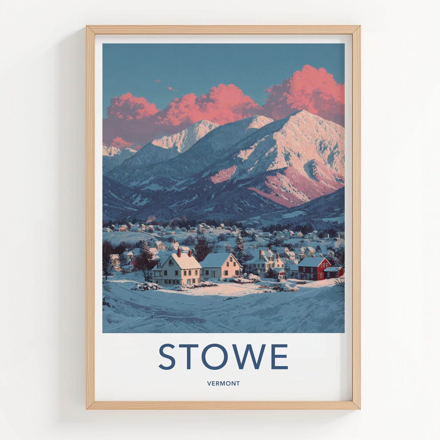 Stowe Poster - Vermont Travel Art - Pink Clouded Mountains Home Decor