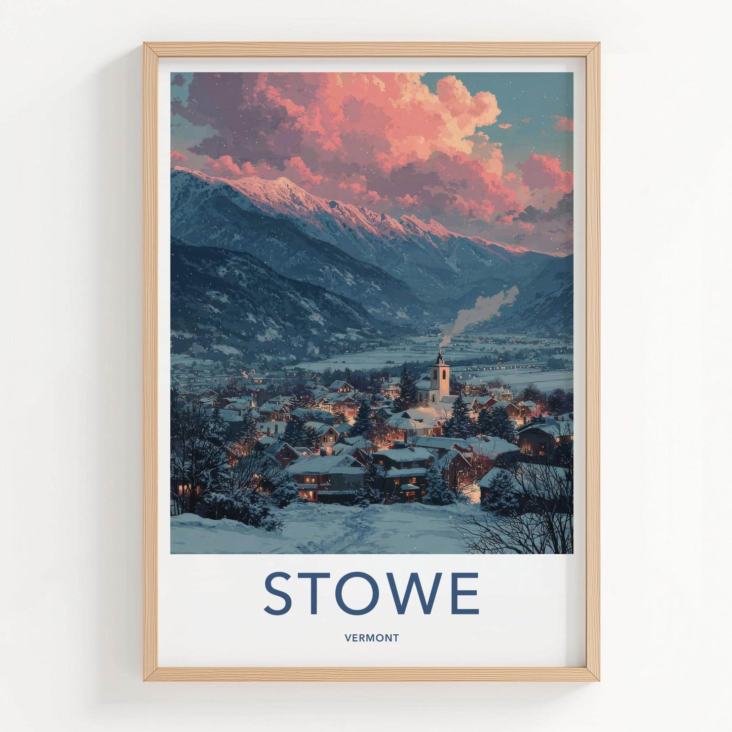 Stowe Poster - Vermont Travel Art - Snowy Village Sunset Home Decor