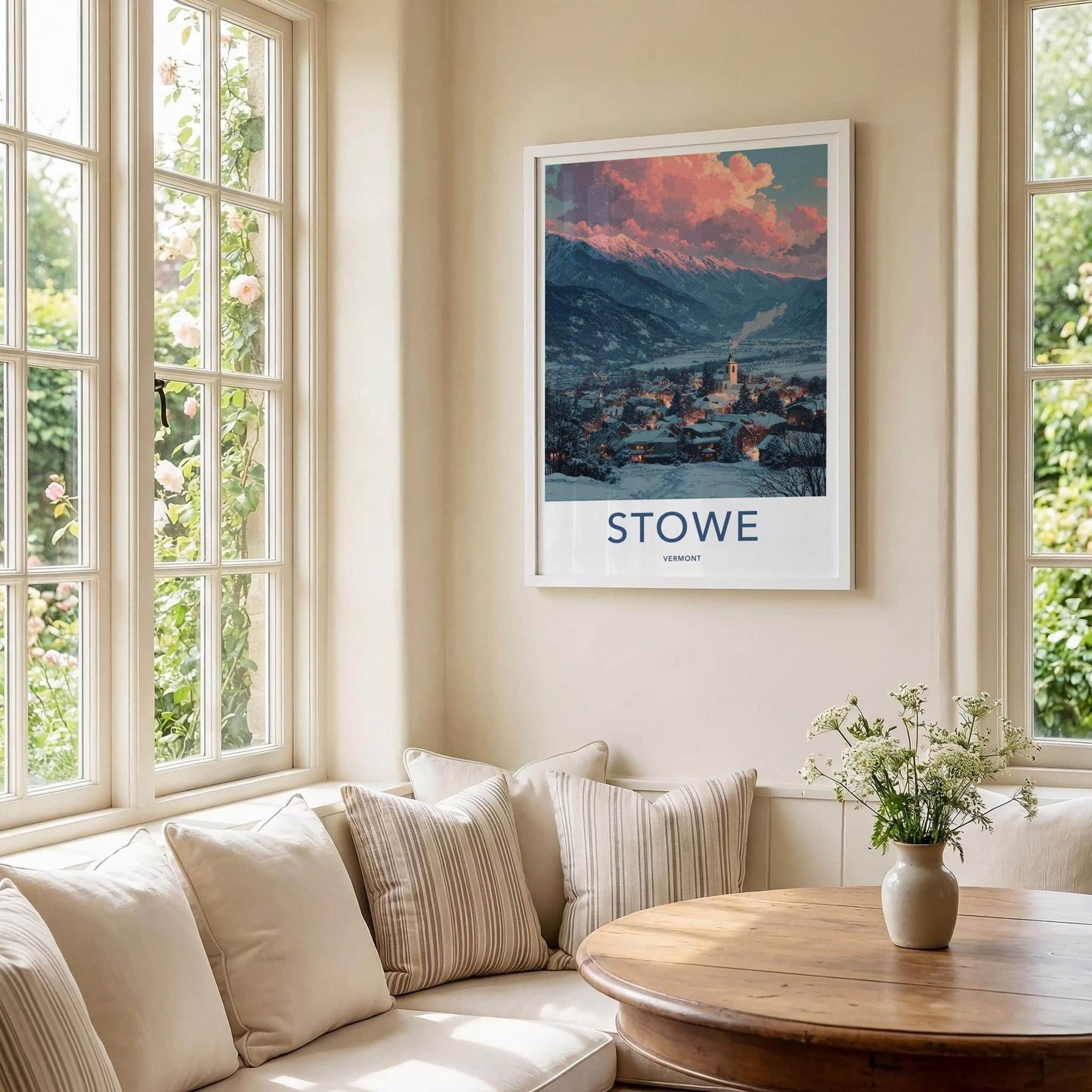 Stowe Poster - Vermont Travel Art - Snowy Village Sunset Home Decor