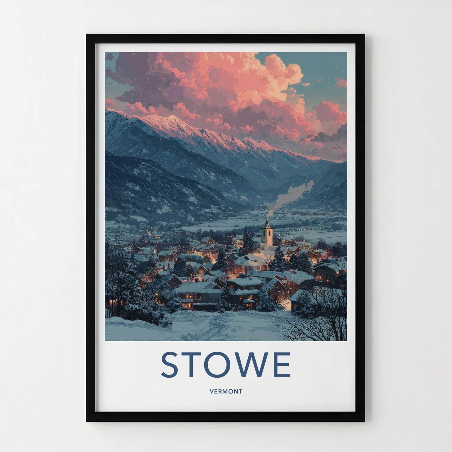 Stowe Poster - Vermont Travel Art - Snowy Village Sunset Home Decor