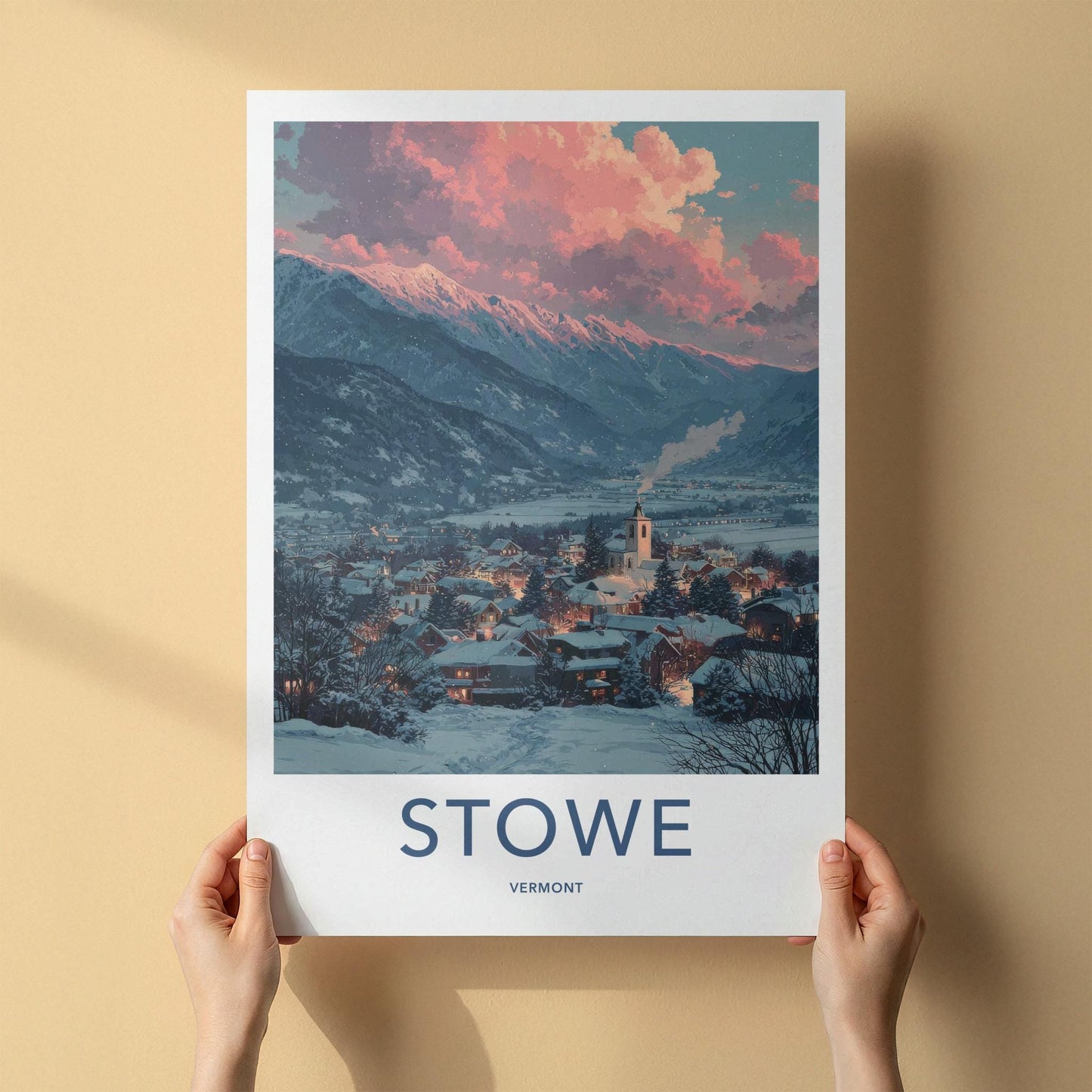 Stowe Poster - Vermont Travel Art - Snowy Village Sunset Home Decor