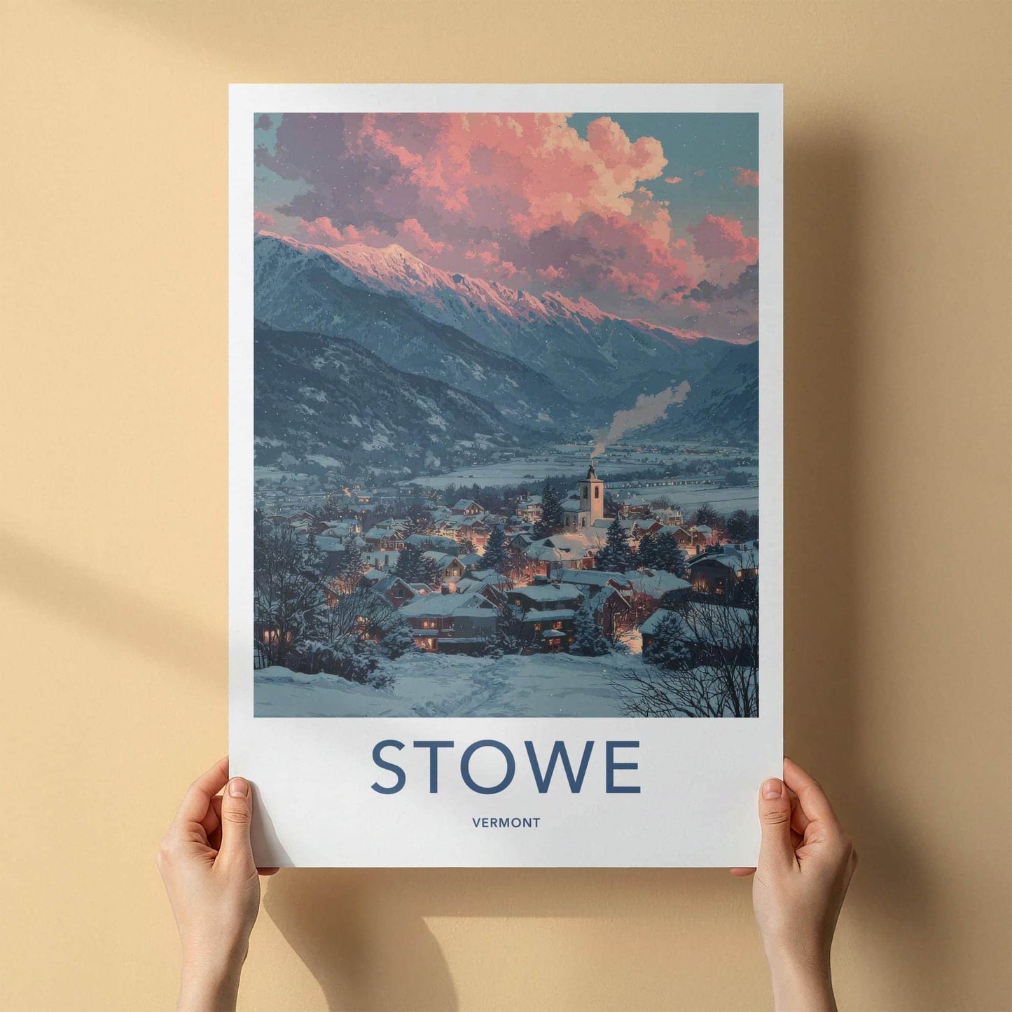 Stowe Poster - Vermont Travel Art - Snowy Village Sunset Home Decor