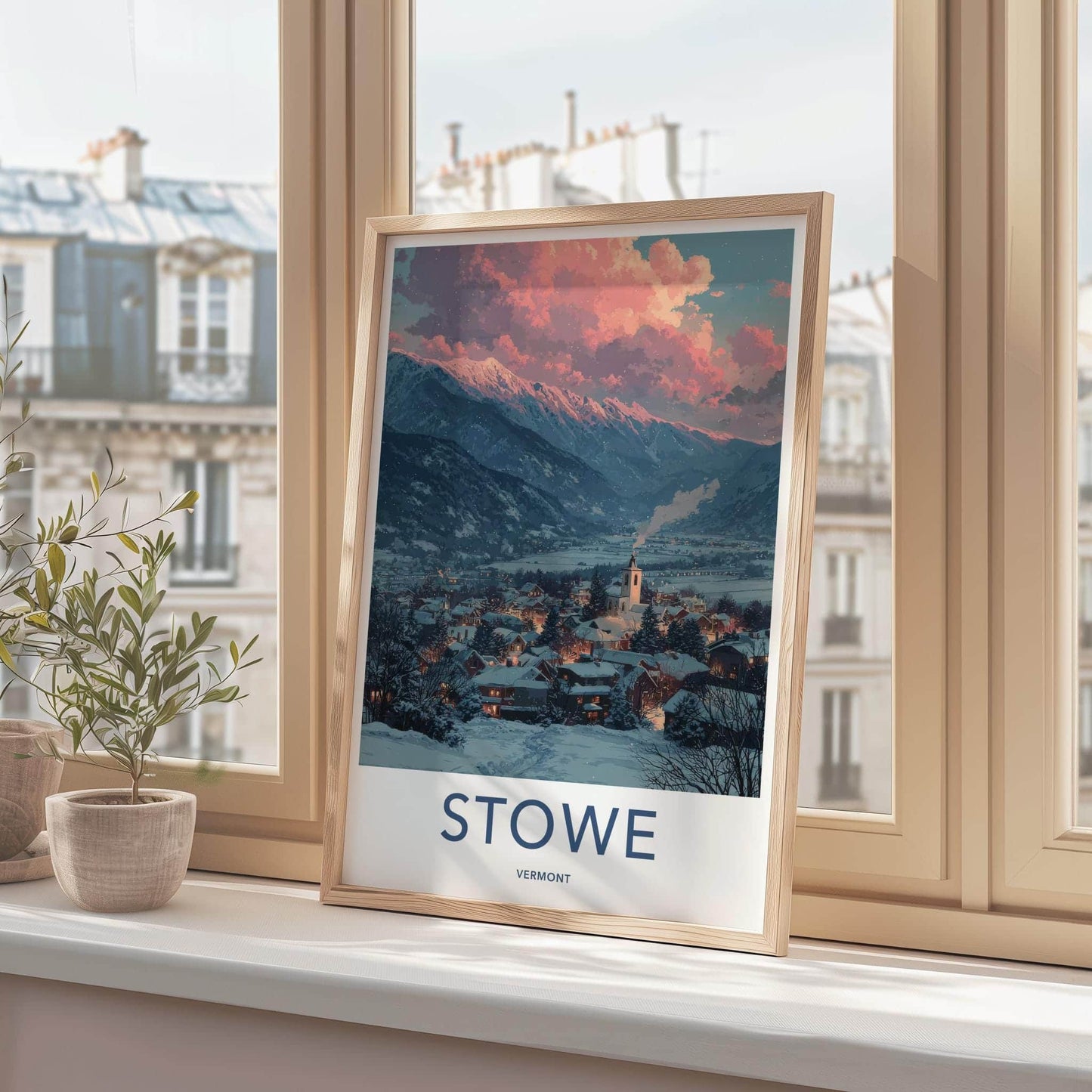 Stowe Poster - Vermont Travel Art - Snowy Village Sunset Home Decor