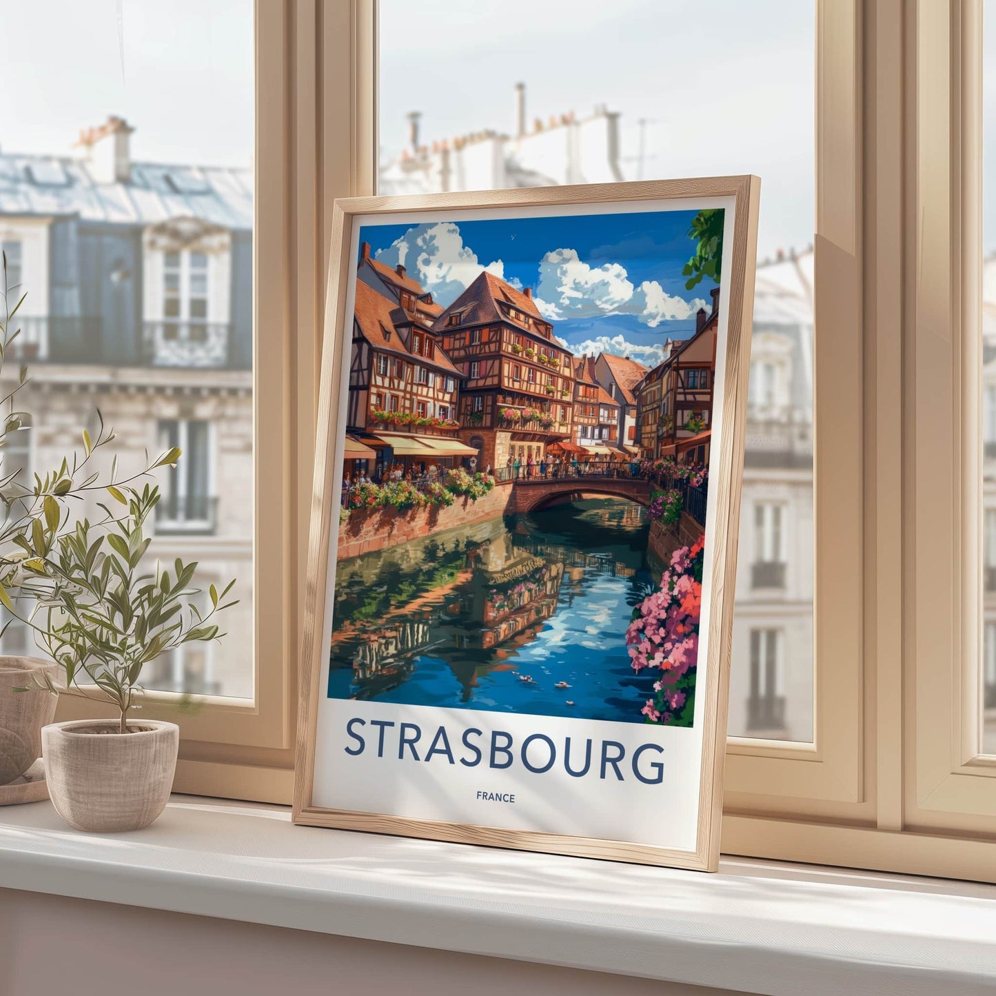 Strasbourg Poster - France Travel Art - Flowered Canal Buildings Home Decor