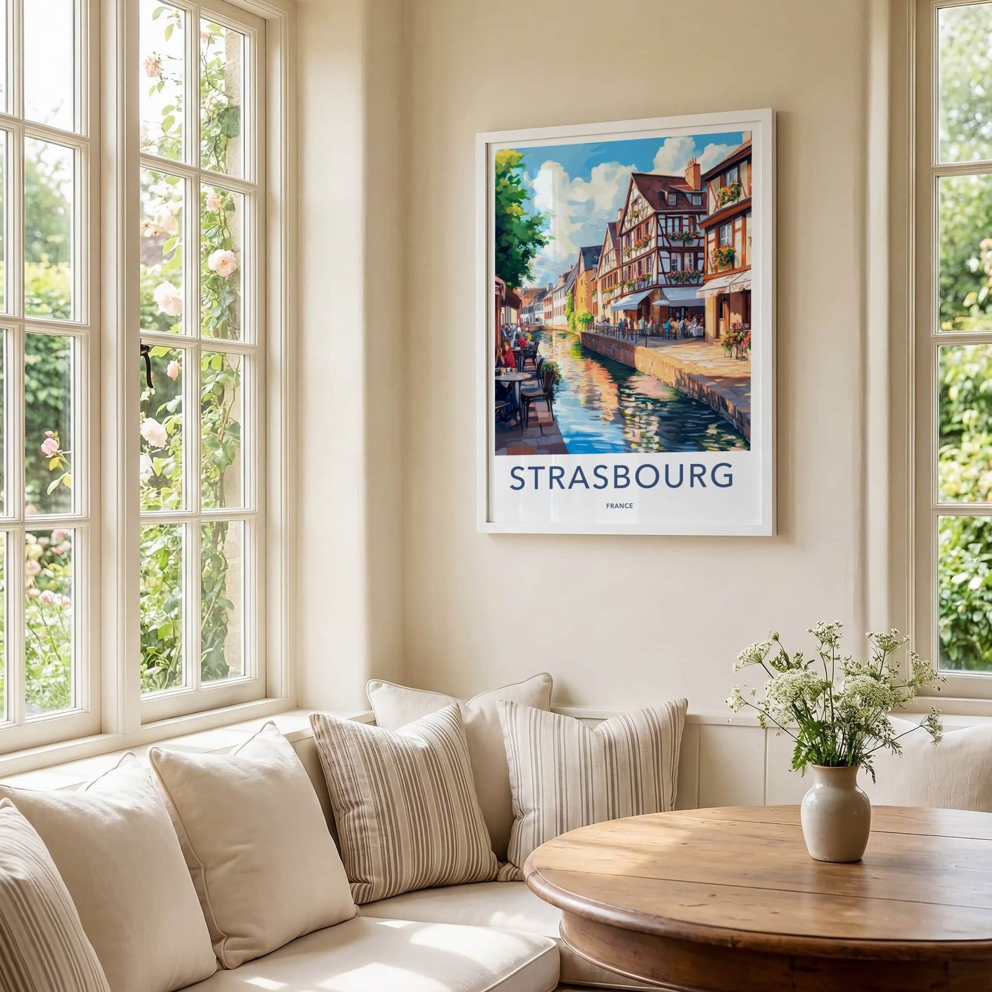 Strasbourg Poster - France Travel Art - Riverside Cafe Scene Home Decor