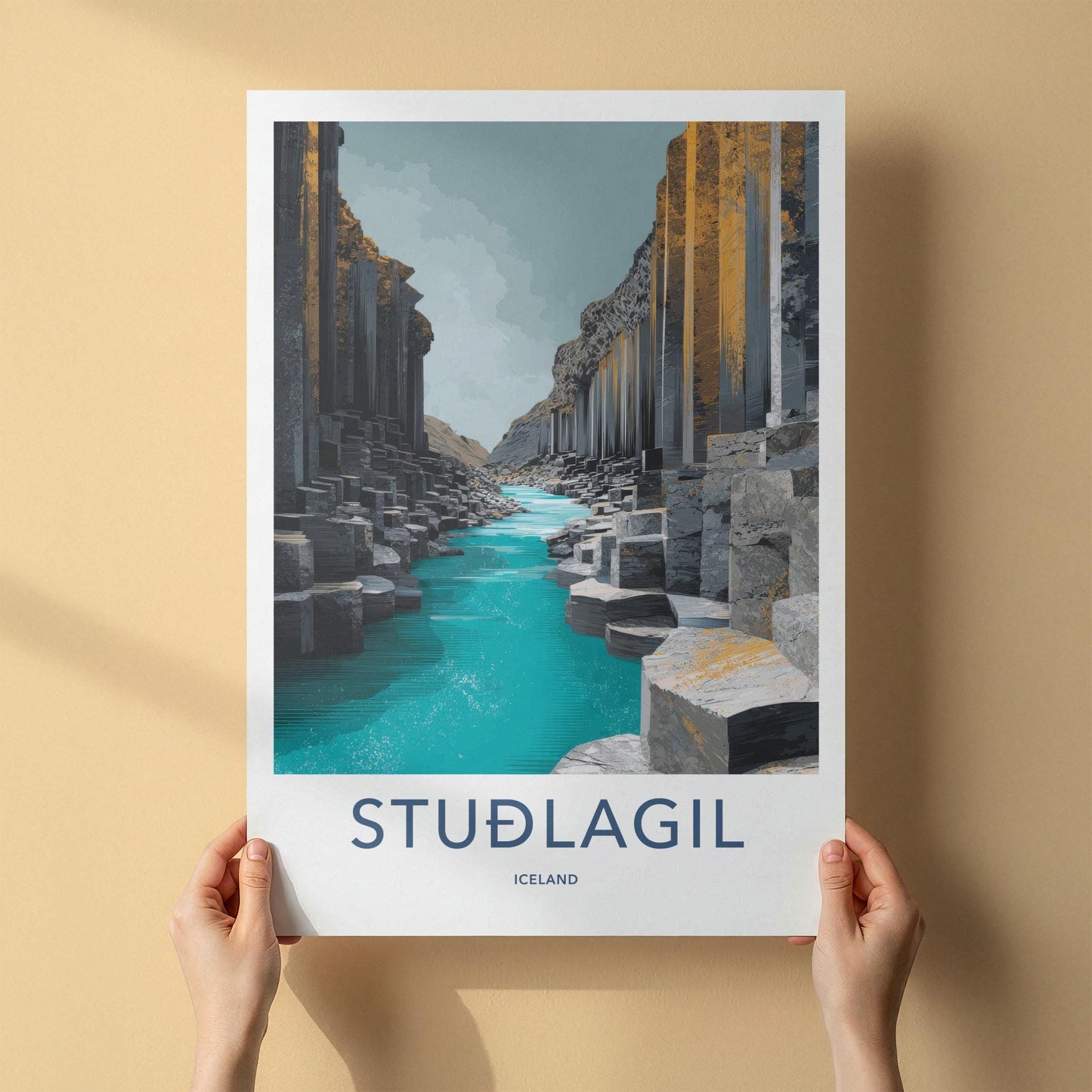 Studlagil Poster - Iceland Travel Art - Columnar Basalt Gorge Home Decor