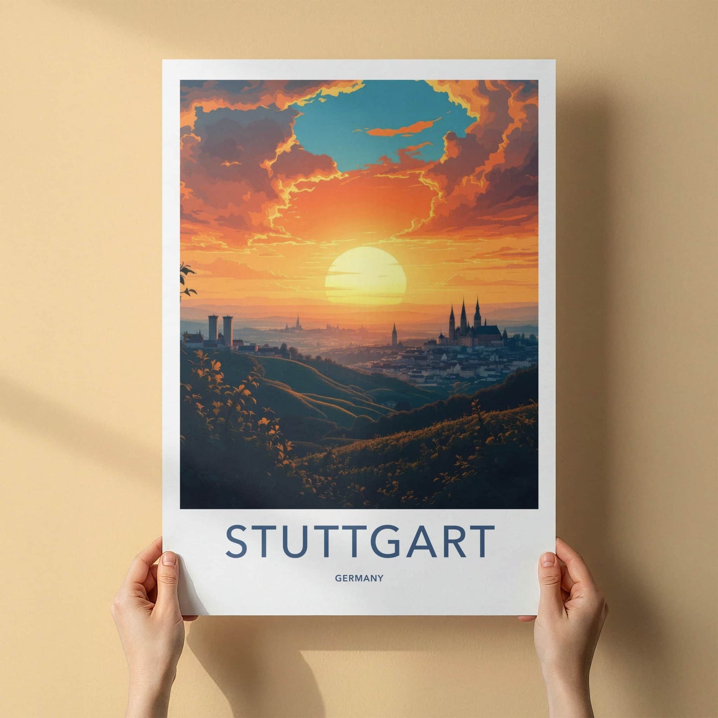 Stuttgart Poster - Germany Travel Art - Golden Sun Cityscape Home Decor