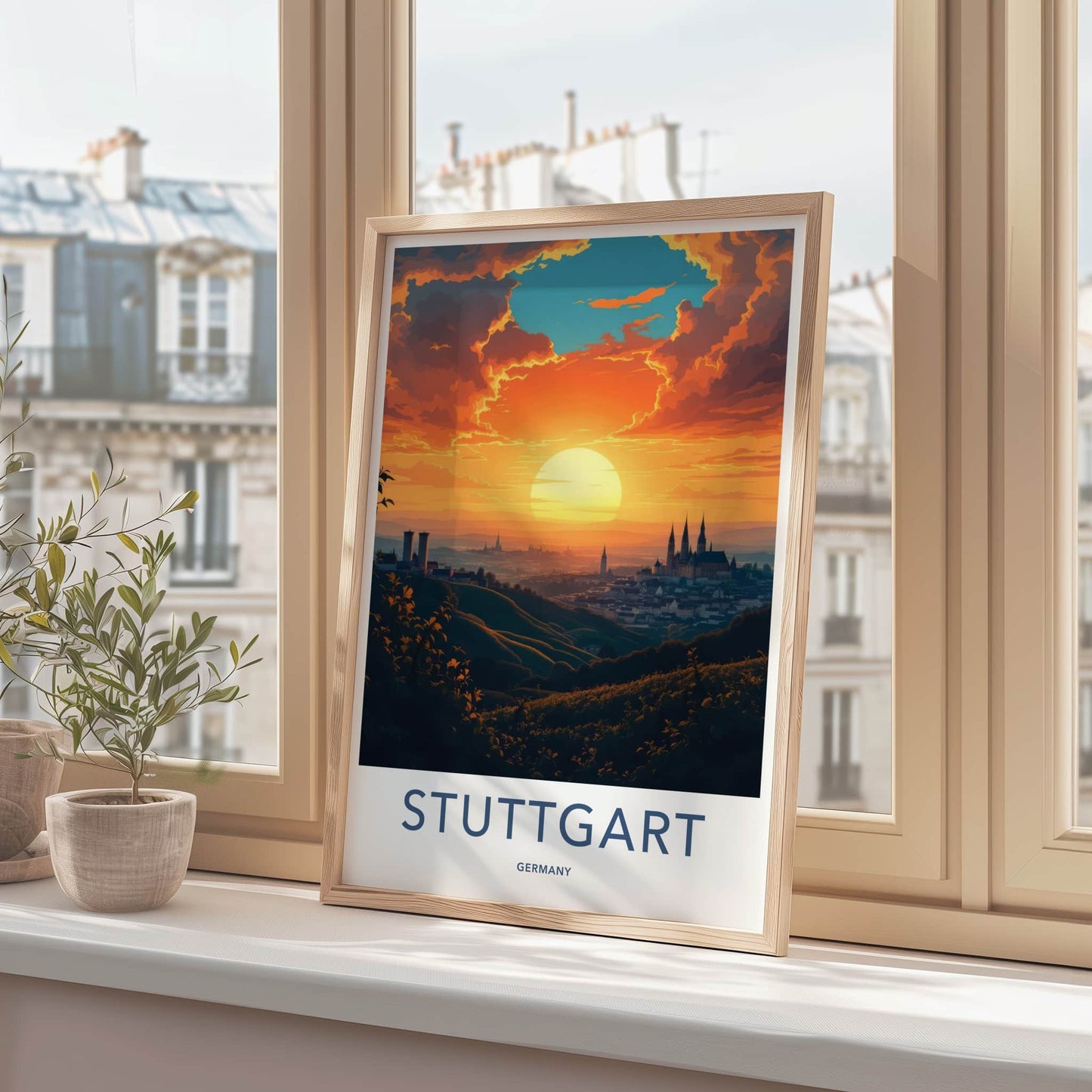 Stuttgart Poster - Germany Travel Art - Golden Sun Cityscape Home Decor