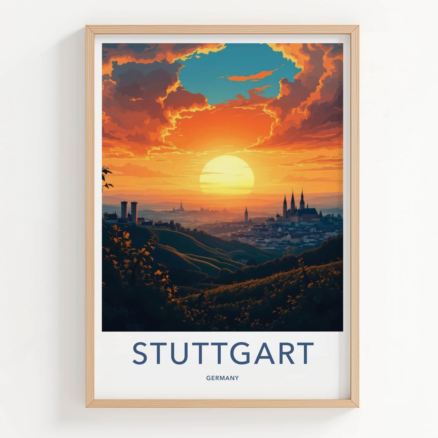 Stuttgart Poster - Germany Travel Art - Golden Sun Cityscape Home Decor