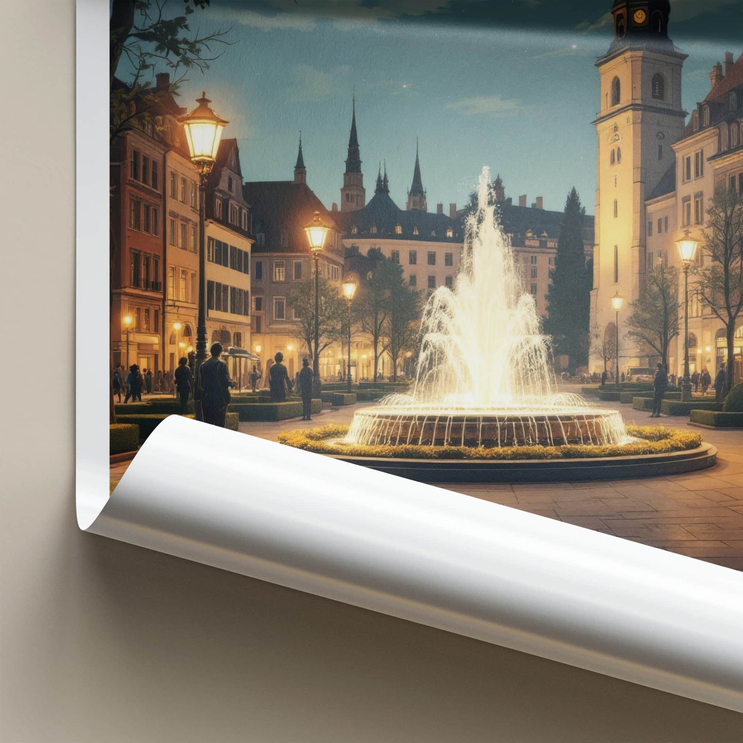 Stuttgart Poster - Germany Travel Art - Illuminated Fountain Square Home Decor