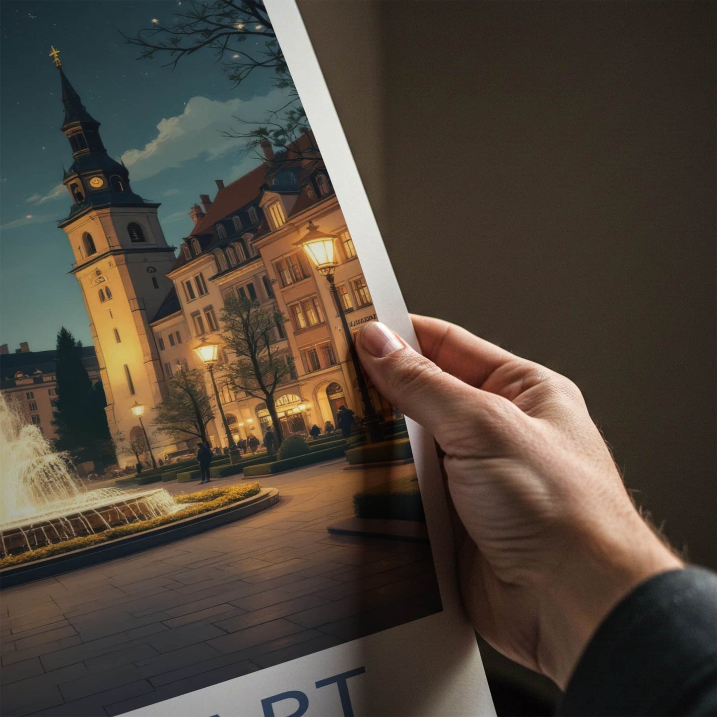 Stuttgart Poster - Germany Travel Art - Illuminated Fountain Square Home Decor