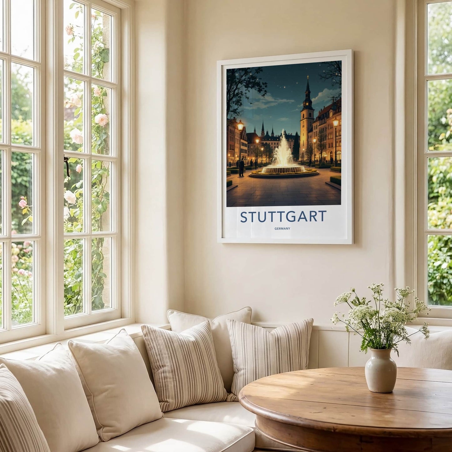 Stuttgart Poster - Germany Travel Art - Illuminated Fountain Square Home Decor