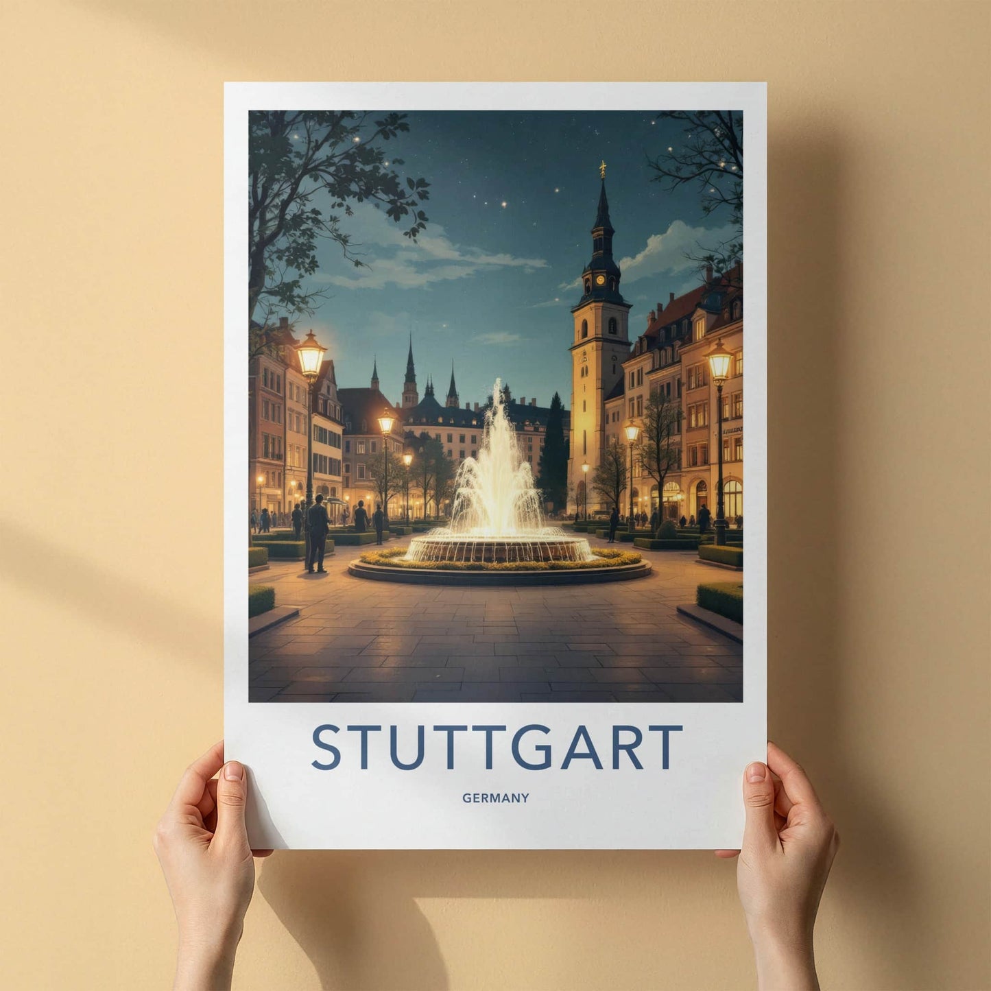 Stuttgart Poster - Germany Travel Art - Illuminated Fountain Square Home Decor