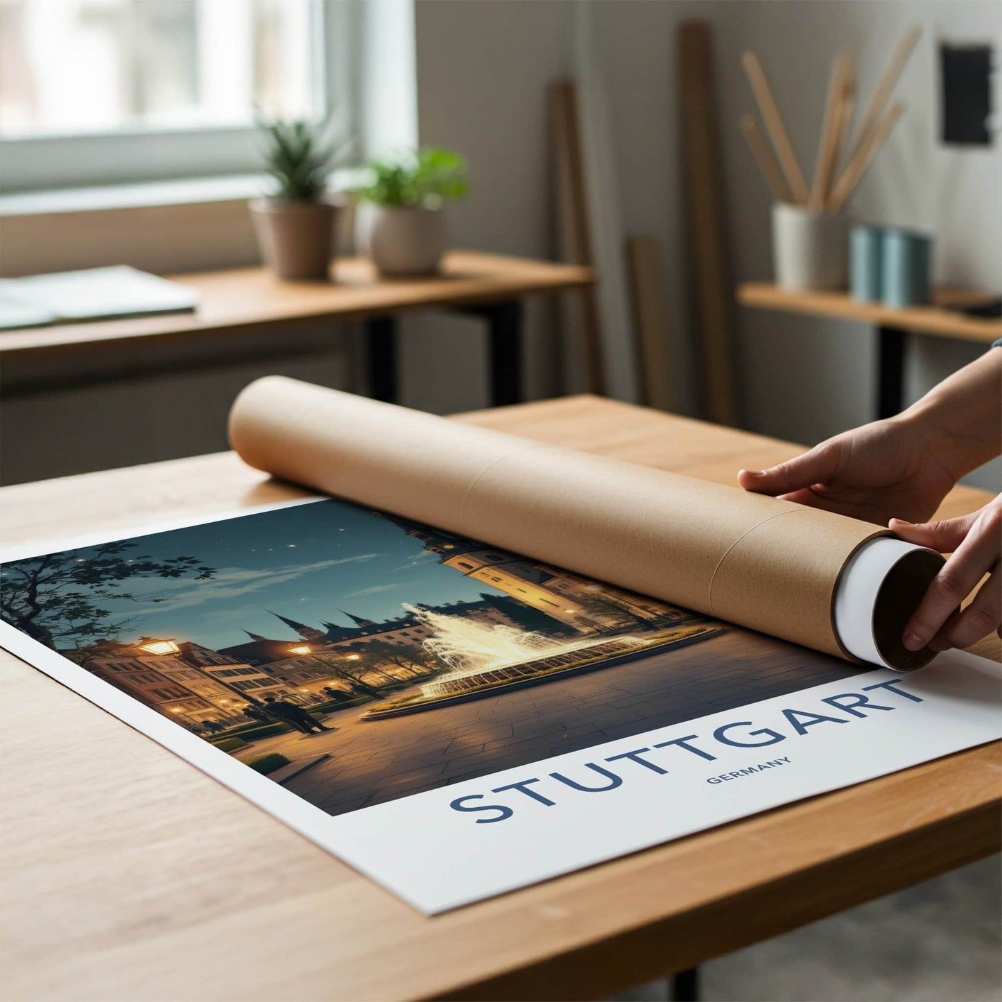 Stuttgart Poster - Germany Travel Art - Illuminated Fountain Square Home Decor
