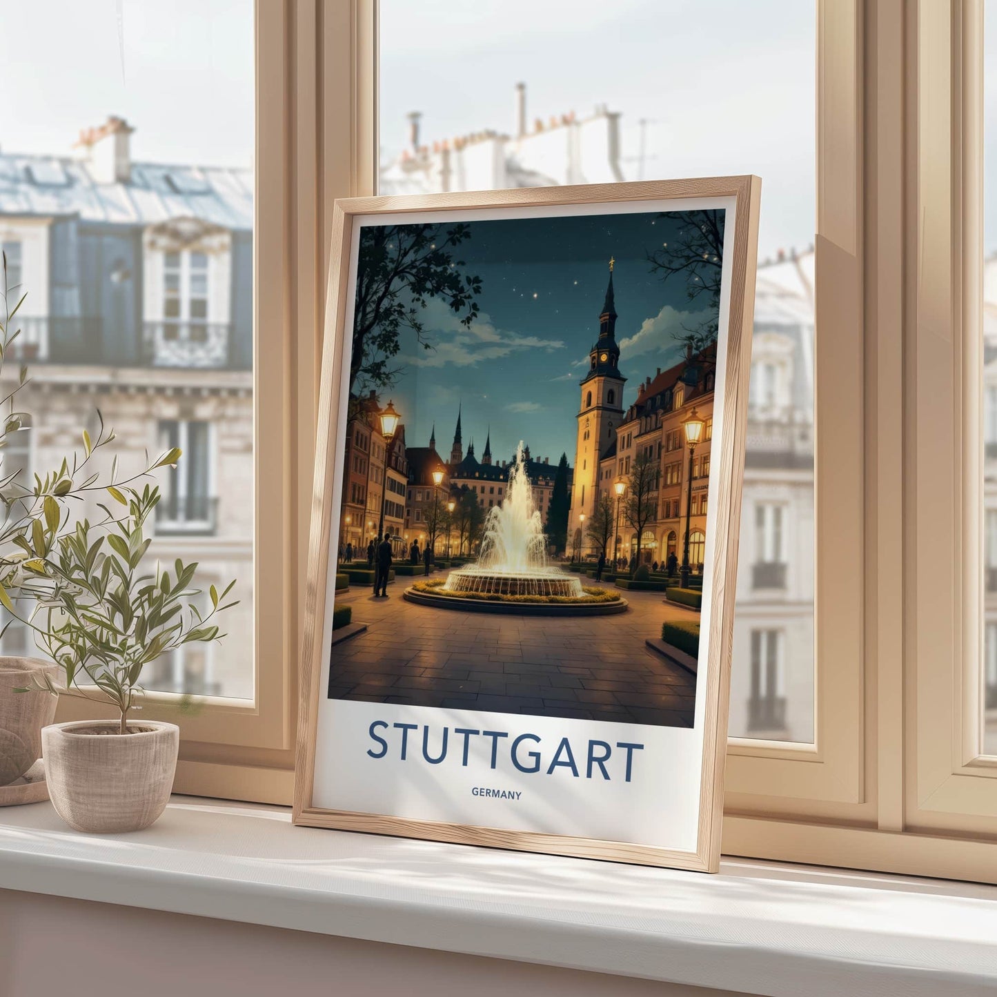 Stuttgart Poster - Germany Travel Art - Illuminated Fountain Square Home Decor