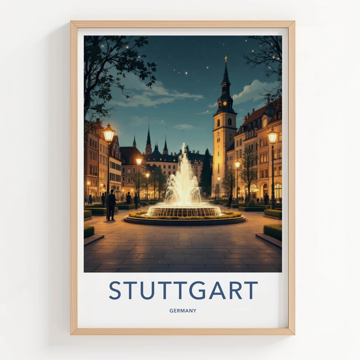 Stuttgart Poster - Germany Travel Art - Illuminated Fountain Square Home Decor