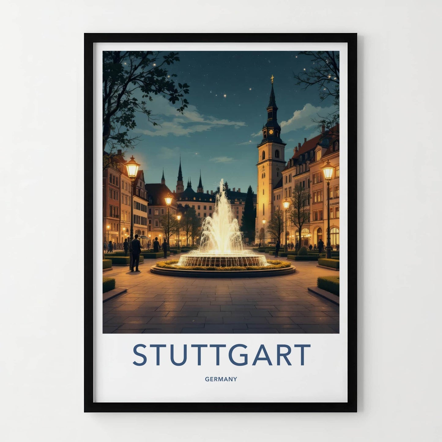 Stuttgart Poster - Germany Travel Art - Illuminated Fountain Square Home Decor