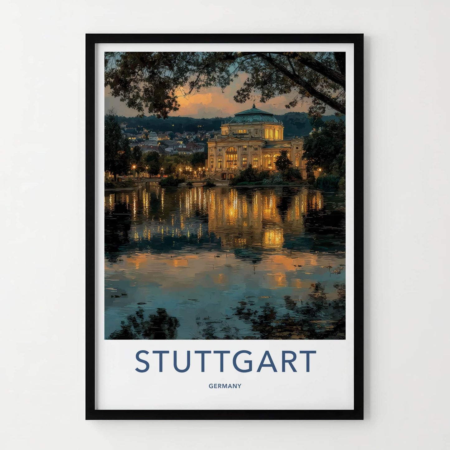 Stuttgart Poster - Germany Travel Art - Lit Building Reflection Home Decor