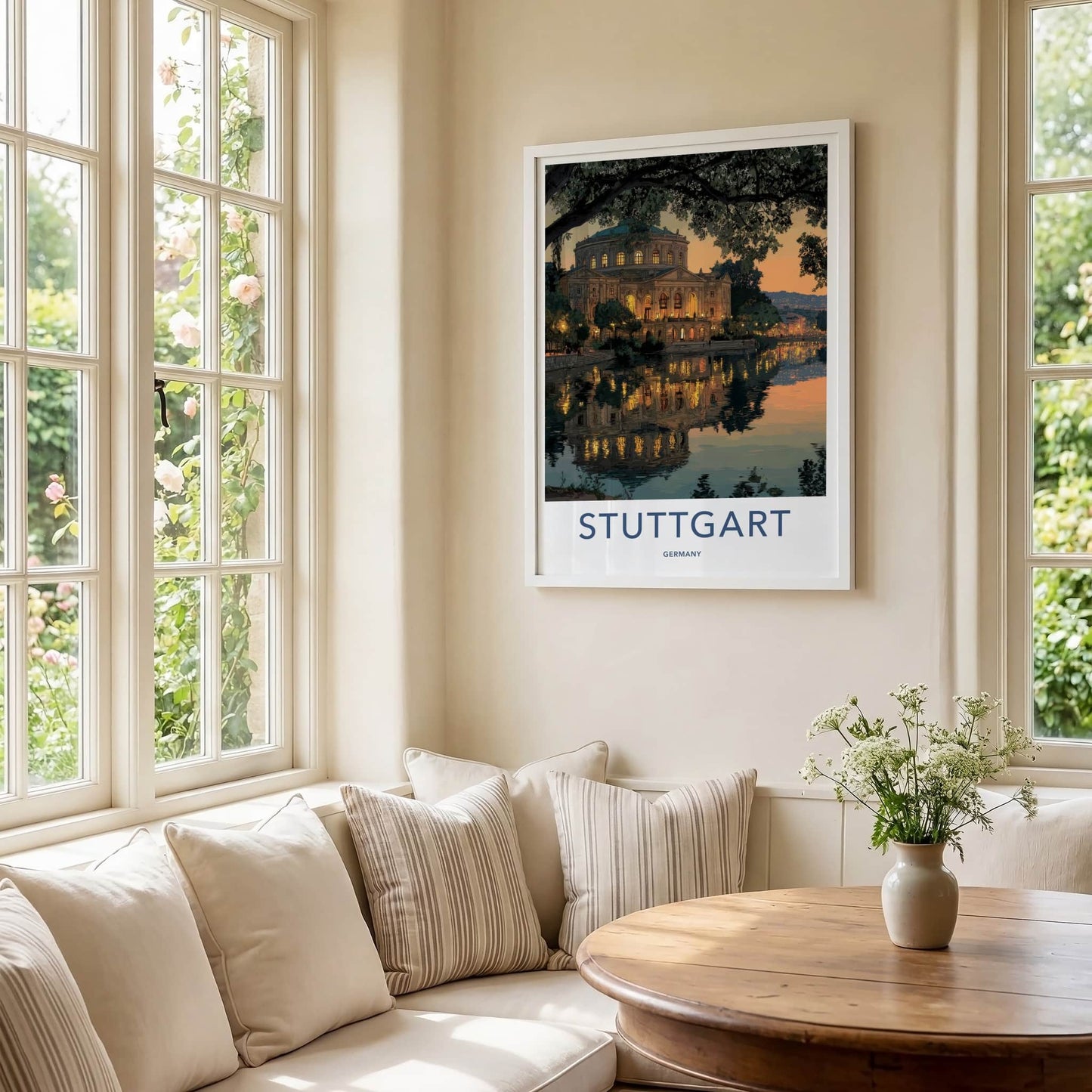 Stuttgart Poster - Germany Travel Art - Riverside Building Lights Home Decor