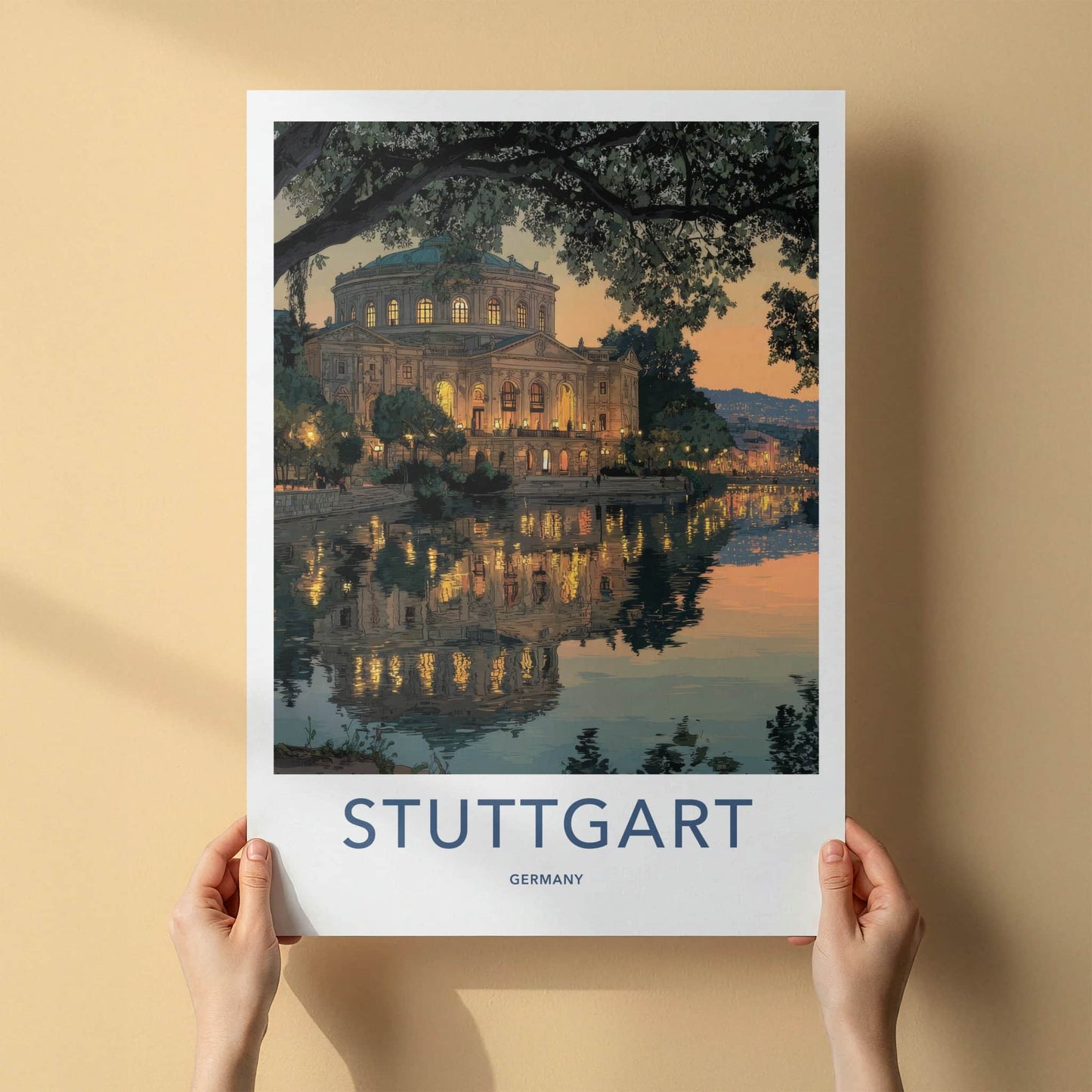 Stuttgart Poster - Germany Travel Art - Riverside Building Lights Home Decor