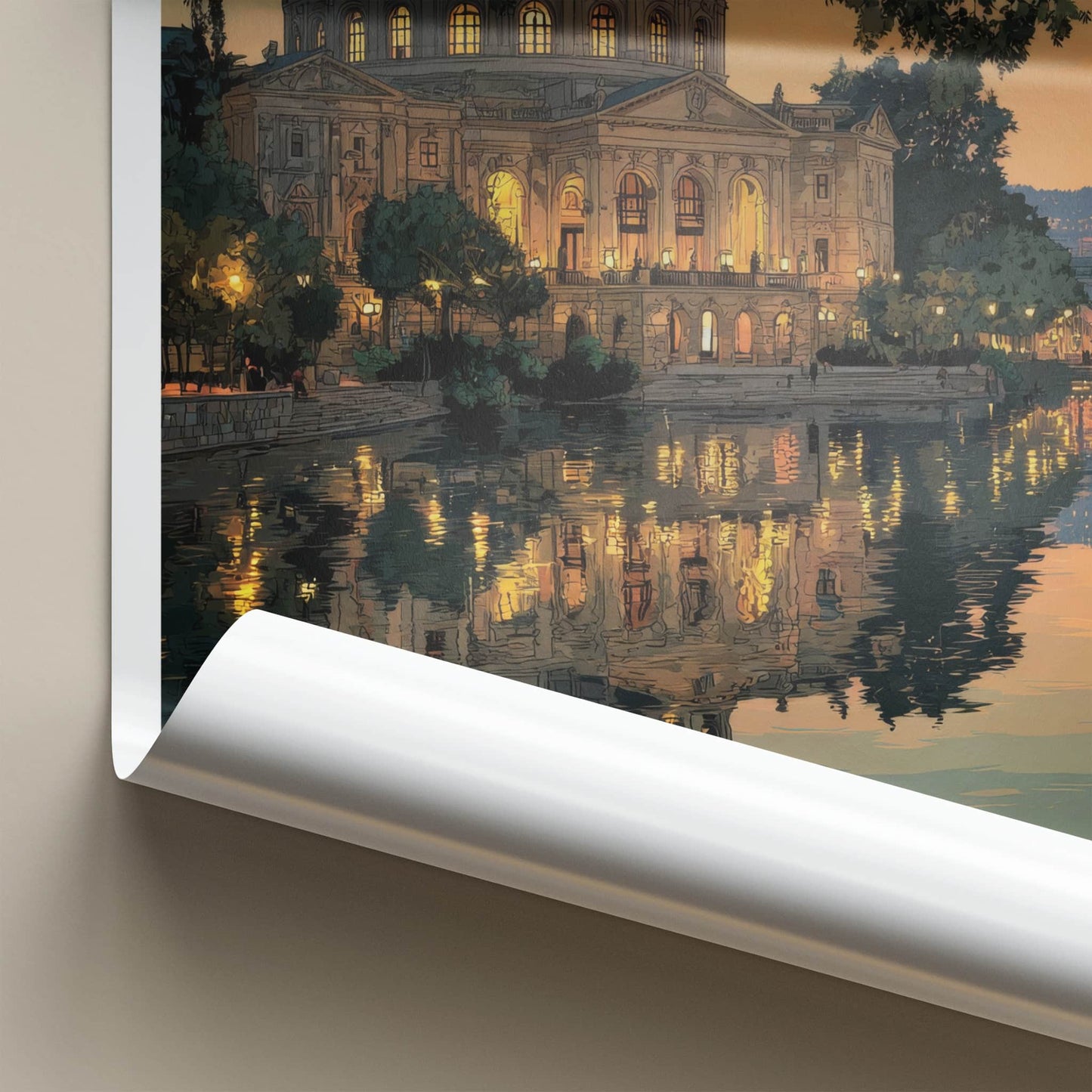 Stuttgart Poster - Germany Travel Art - Riverside Building Lights Home Decor