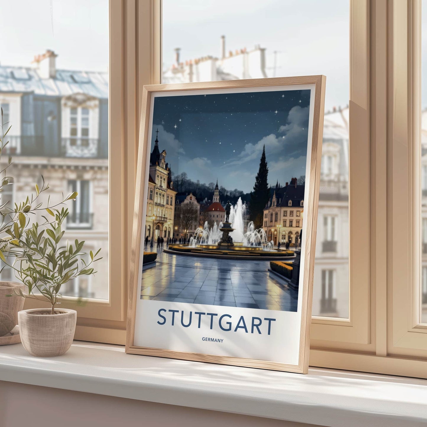 Stuttgart Poster - Germany Travel Print - Illuminated Fountain Square Home Decor